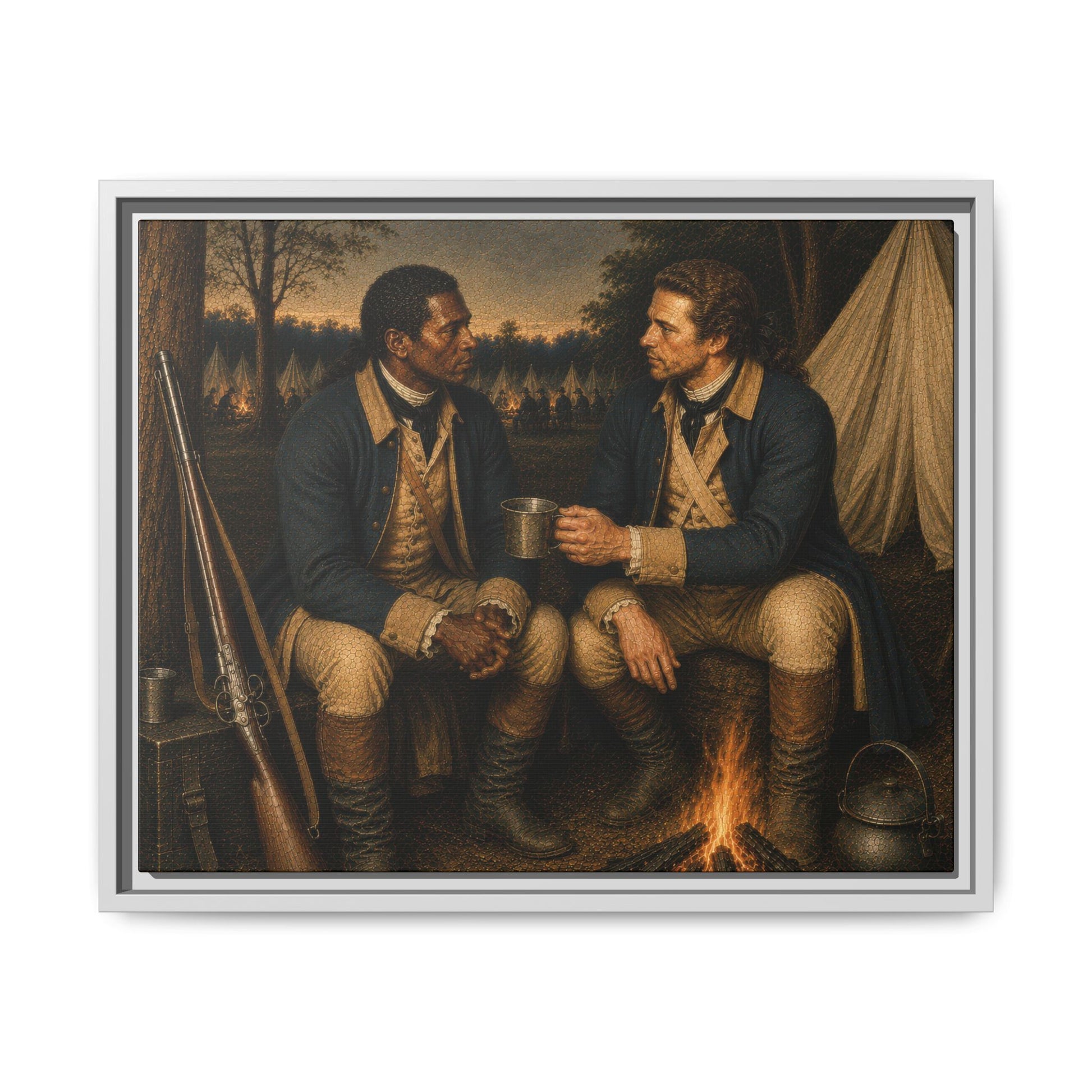 Museum-inspired historical portrait showing two Continental soldiers sharing a warm drink near a military campfire.