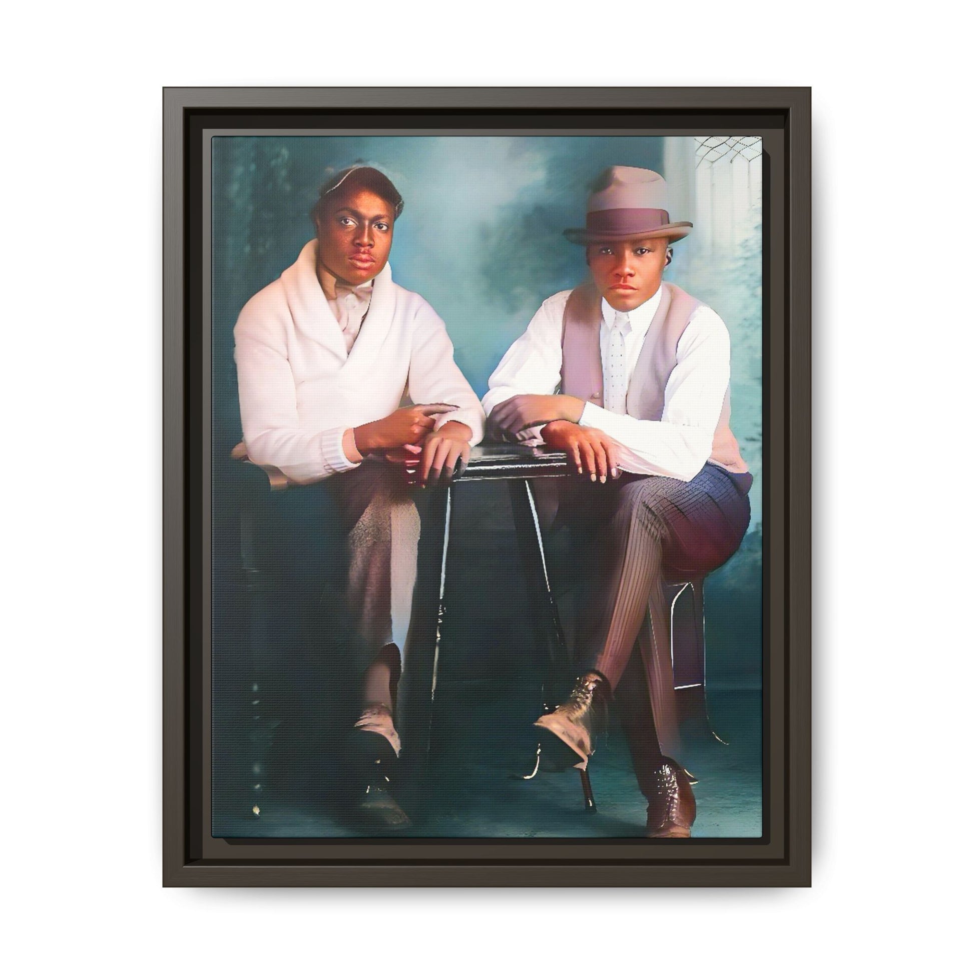 Restored vintage 1930s photo of Denzel & Jacob, African-American couple seated at a café in Little Rock AR, framed canvas art.