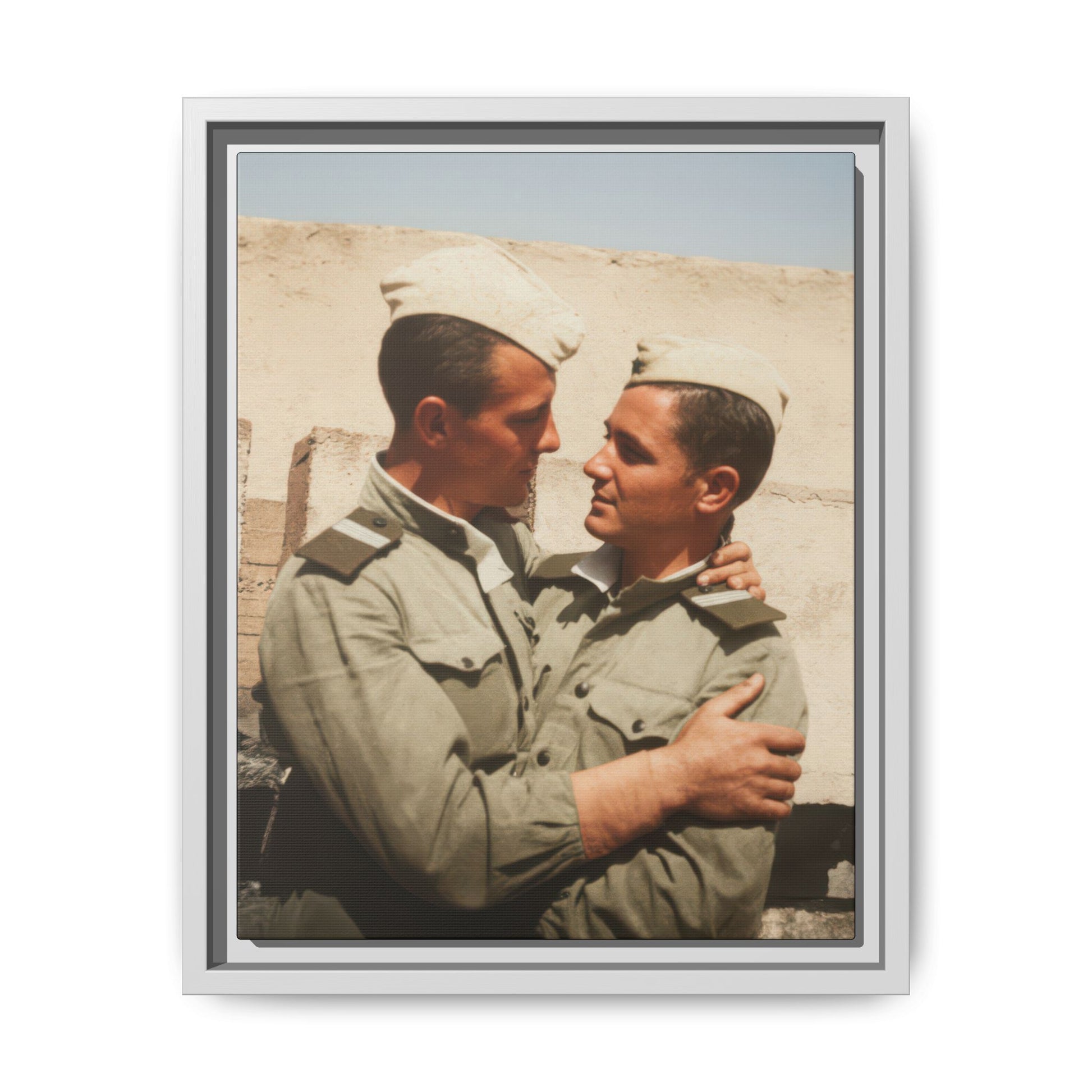 Historical portrait of two figures in military-style dress with close embrace