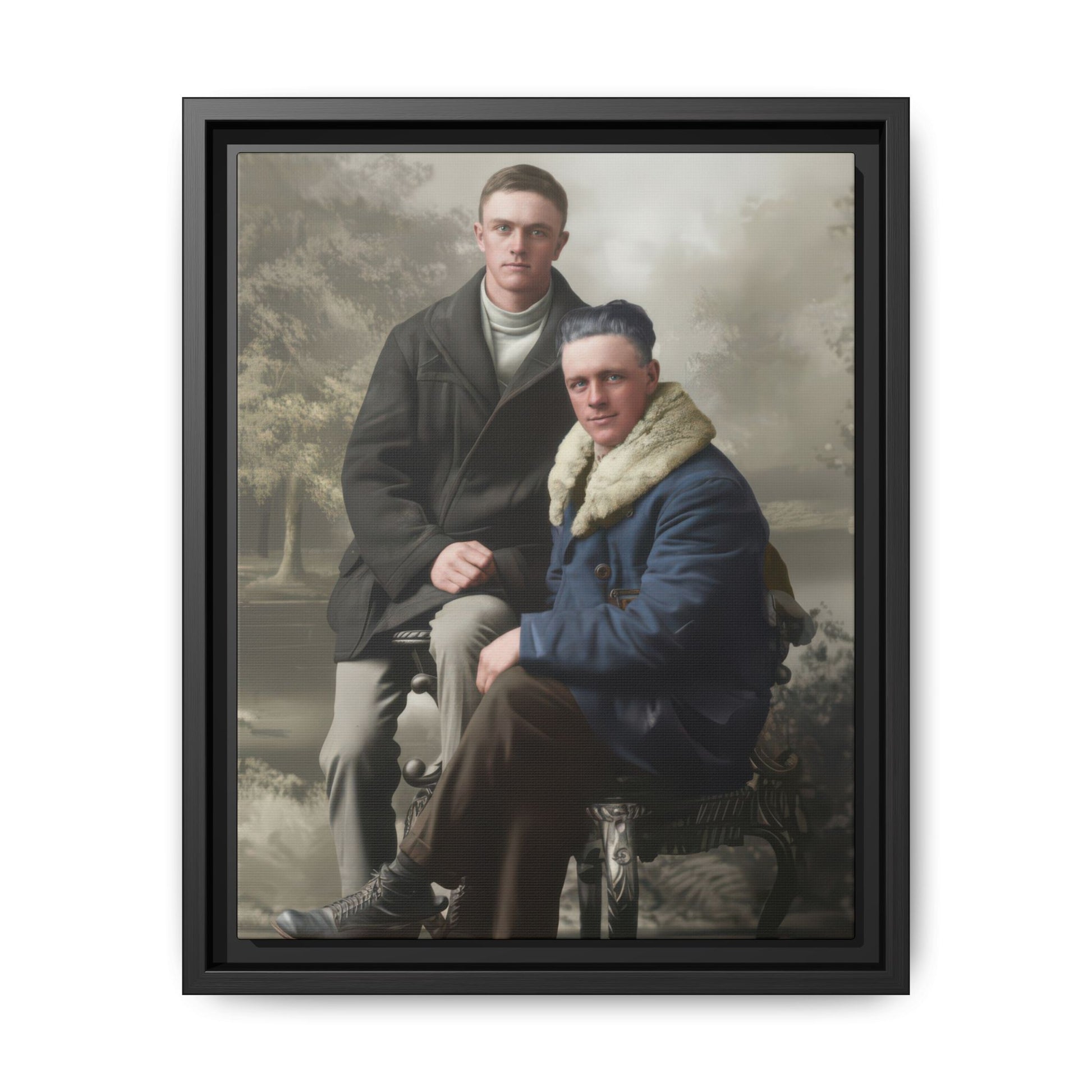 Vintage double portrait of two seated figures in coats on an ornate bench with a soft landscape backdrop