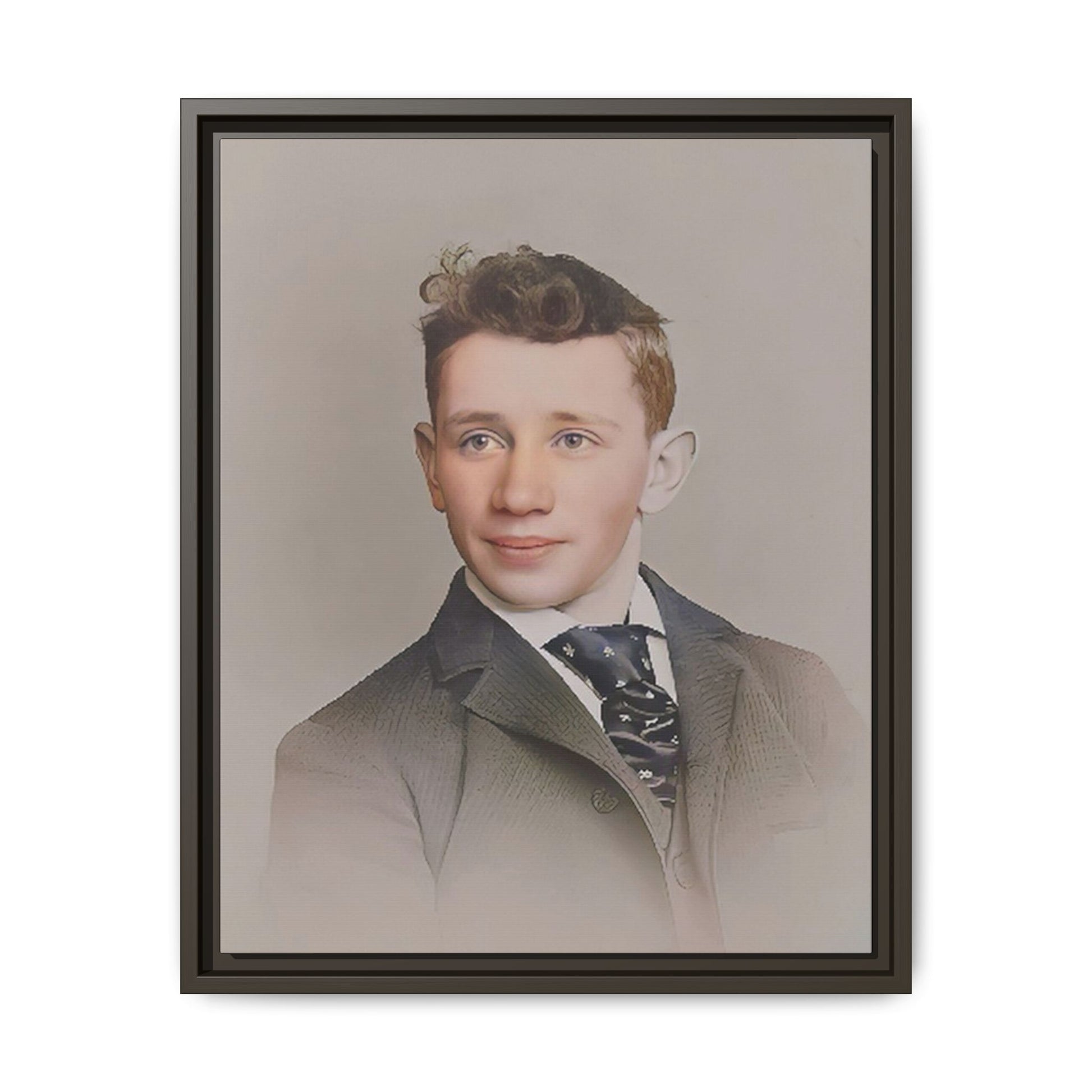 Restored vintage portrait of Leo from early 1900s Milwaukee, Wisconsin, featuring refined elegance and a patterned cravat. Framed matte canvas print celebrating timeless style and individuality.