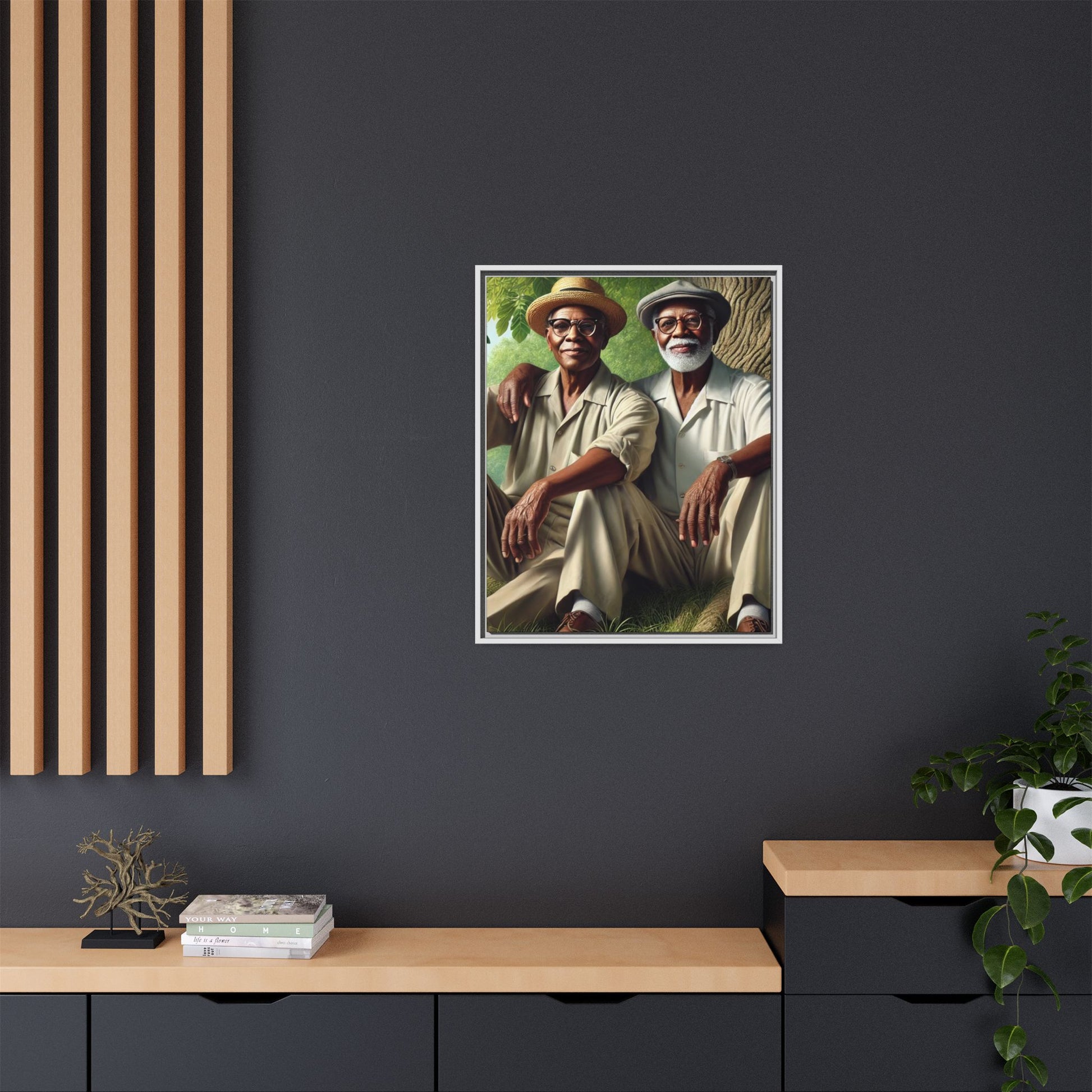 Framed artwork of a gay African-American couple in Cedar Rapids, Iowa, 1930s, celebrating love and resilience.