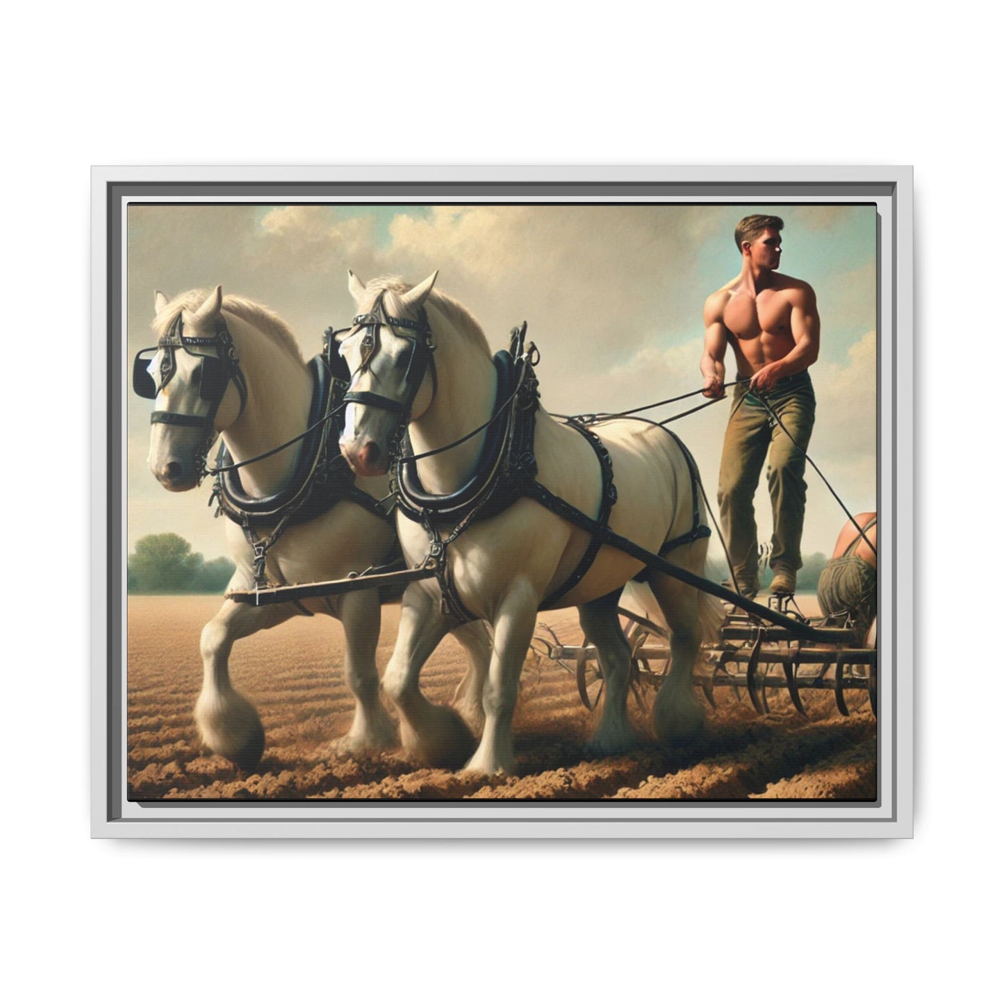 Vintage-style artwork of a shirtless man plowing a field with white horses, celebrating rural life and resilience.