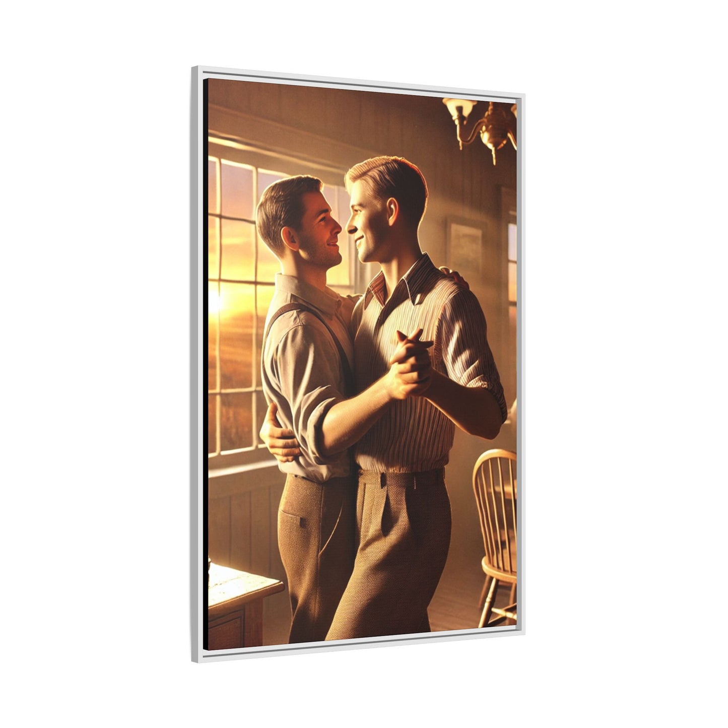 Art of a gay couple dancing in a sunlit dining room, inspired by Grant Wood’s Americana style and celebrating love.