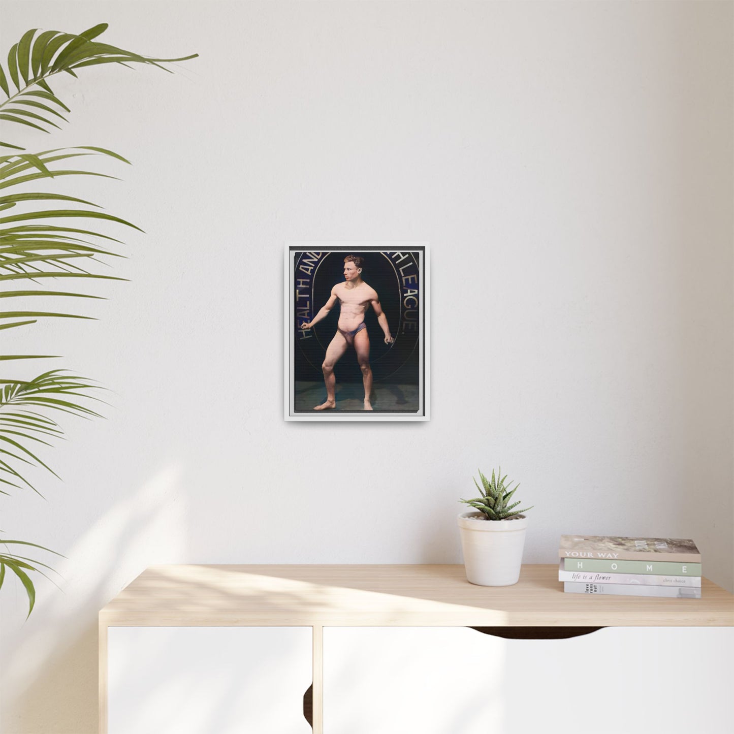 Restored vintage photo of Robert, a young bodybuilder from Manchester, UK, circa early 20th century, framed canvas.