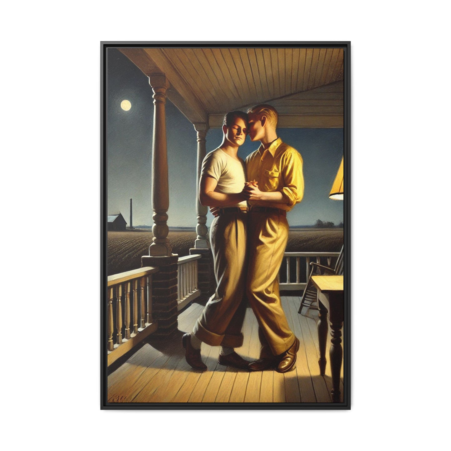 Artwork of a gay couple standing on a farmhouse porch under the moonlight, inspired by Grant Wood’s style.