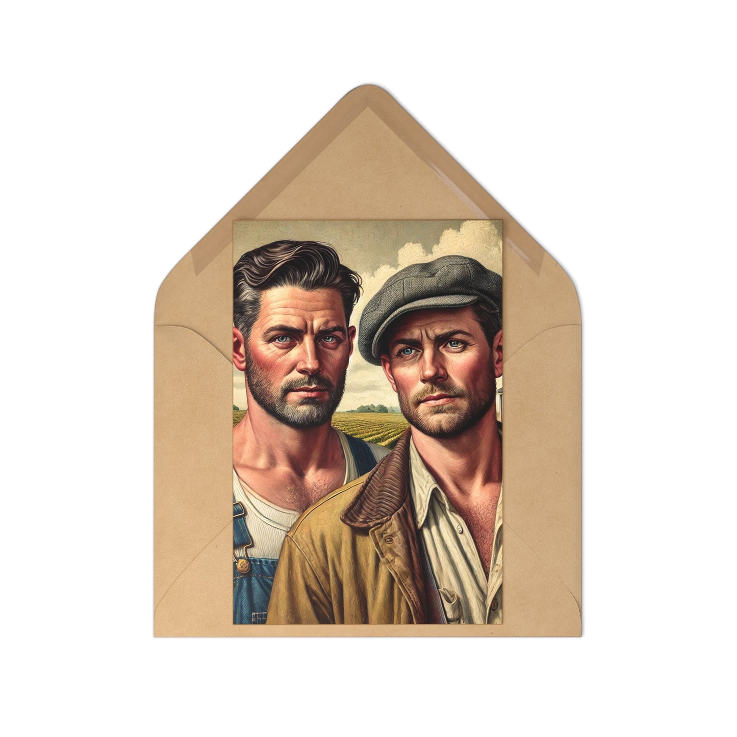 Vintage-style postcard set featuring a heartfelt portrayal of a male couple in a rural American landscape, inspired by Grant Wood.