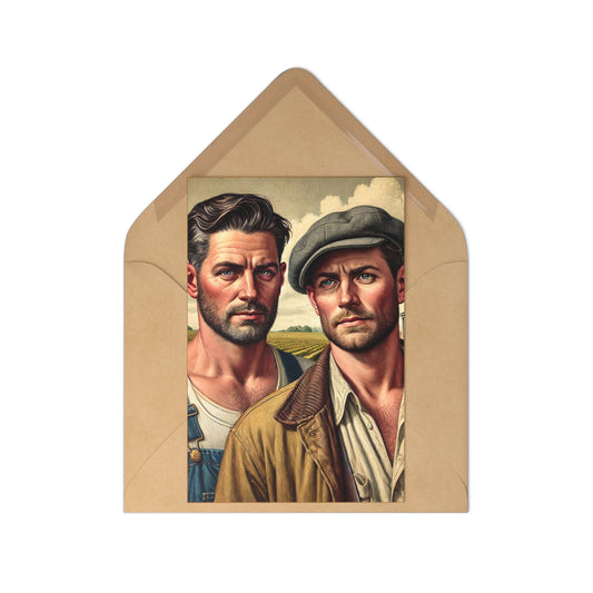 Vintage-style postcard set featuring a heartfelt portrayal of a male couple in a rural American landscape, inspired by Grant Wood.