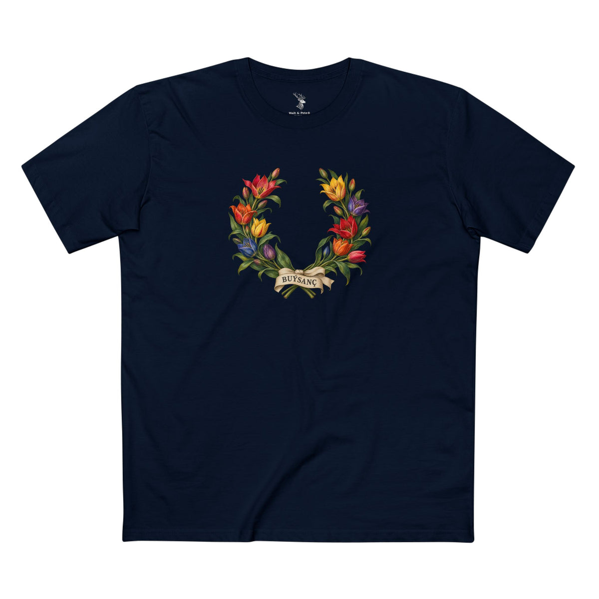 Open wild tulip wreath with red, orange, yellow, pink, blue, and violet blossoms, green leaves, and an ivory ribbon bearing BUÝSANÇ in charcoal serif lettering.