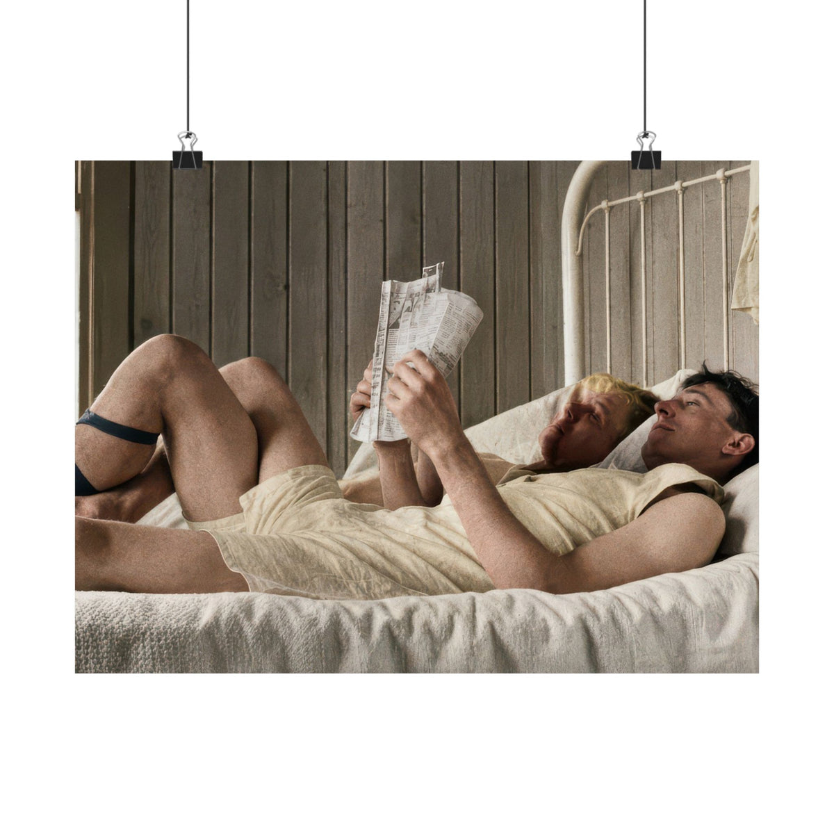 Paire 160 | Two Men Reclining in Bed with Newspaper | Vintage Photography Poster