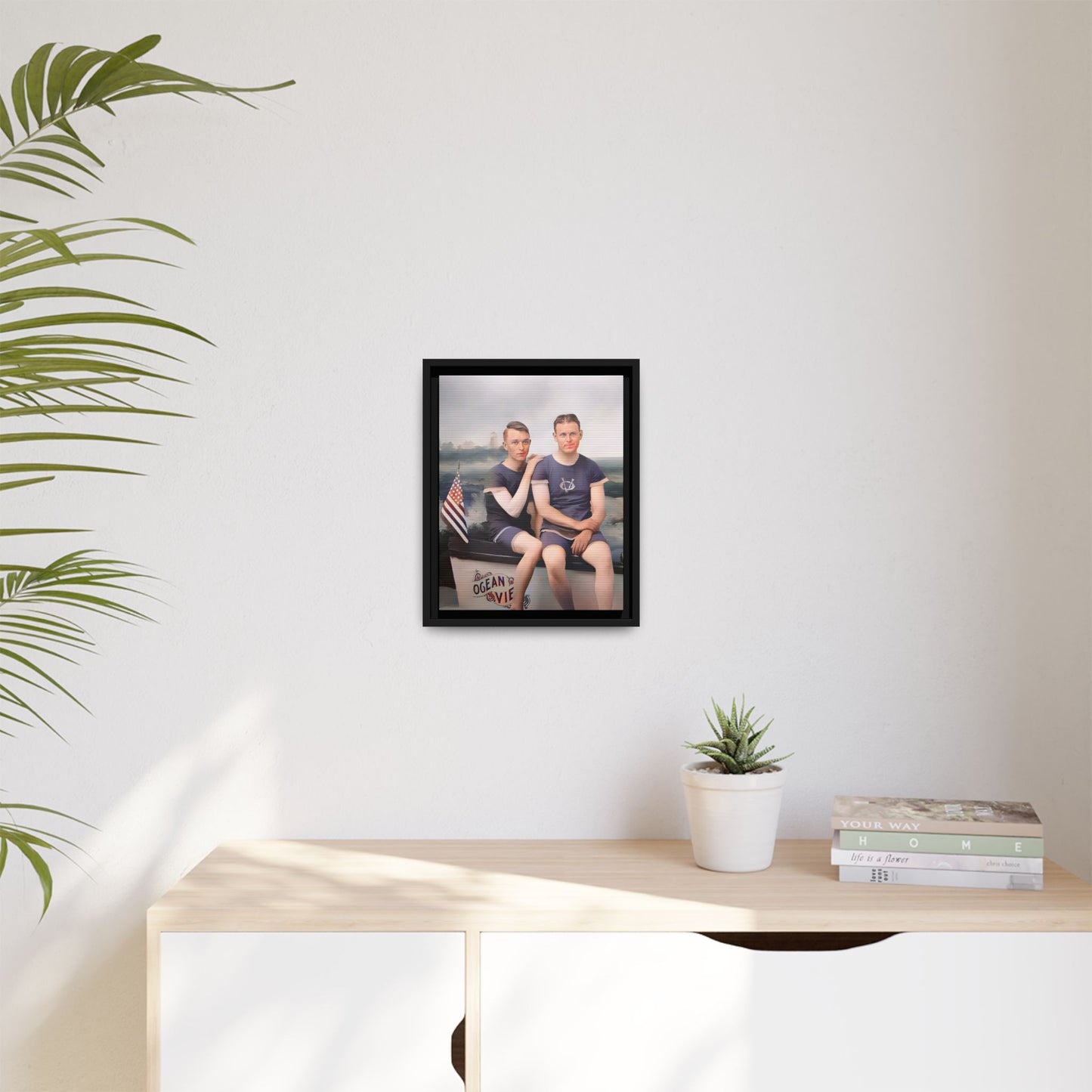 Restored vintage 1920s photo of Lee & Gerald, a gay couple in nautical swimwear by the ocean in Jacksonville FL, framed canvas art.