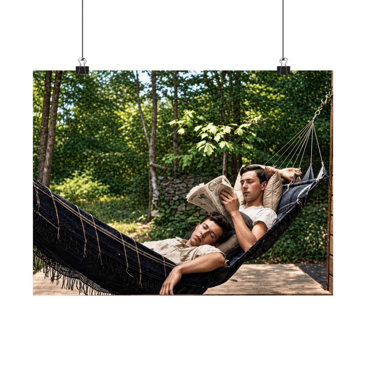 Restored historical photograph showing fringed hammock fabric, suspension ropes, pillows, dense green foliage, and rustic wooden siding.