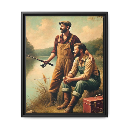 Vintage-style artwork of a gay couple fishing at a serene lakeside in the 1930s, celebrating love and rural life