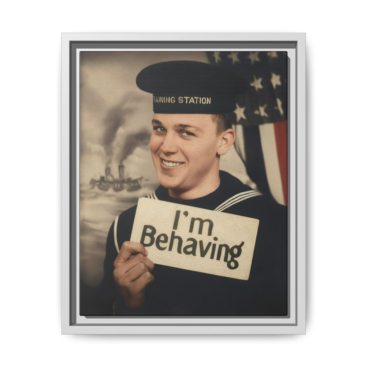 Célibataire 002 vintage male portrait featuring a cream “I’m Behaving” placard, dark navy clothing, and a softly detailed nautical background.