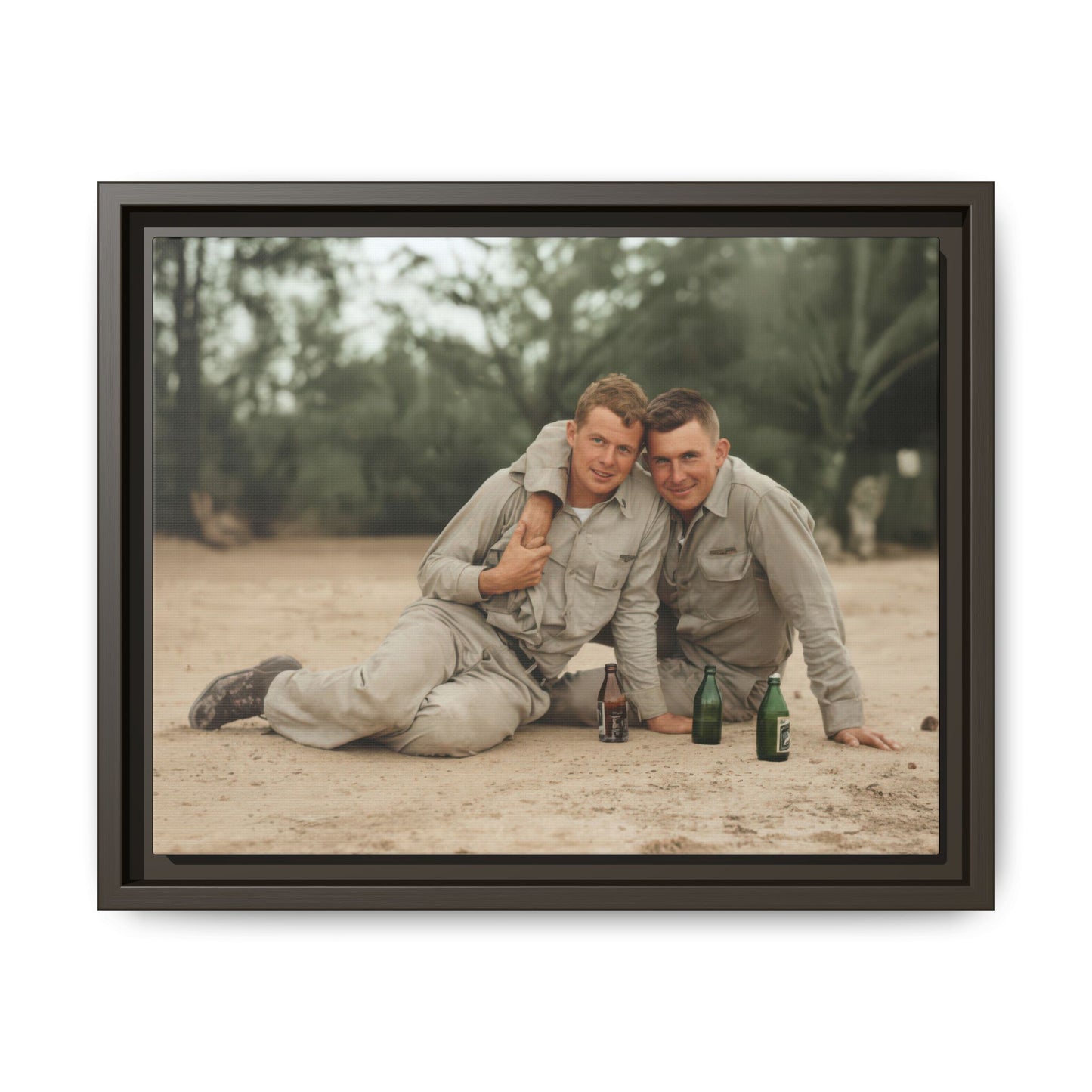 Framed canvas wall art featuring two men outdoors in light clothing and close composition