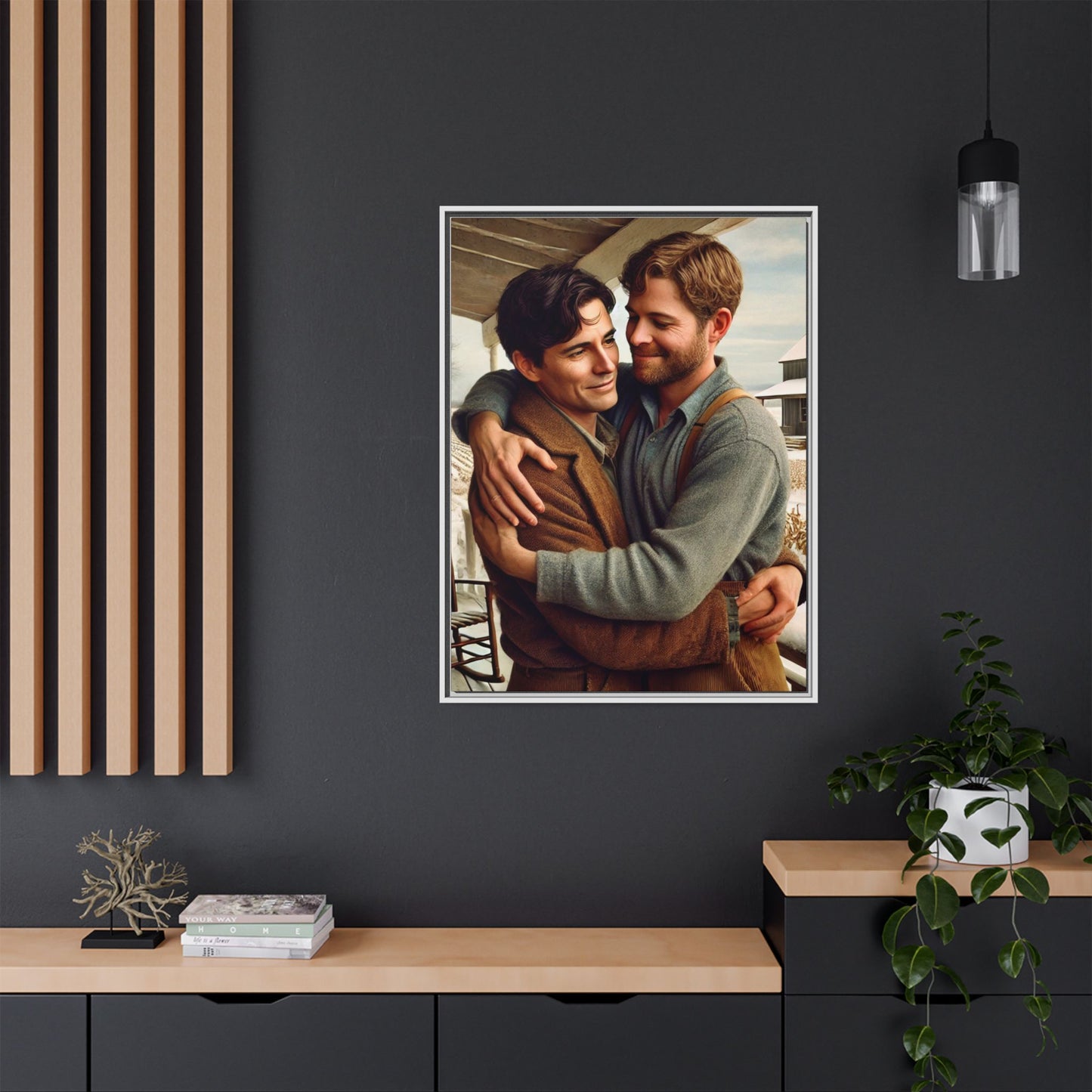 Artwork of a tender moment between two men embracing on a rustic farm porch in 1930s-style clothing. Set against a snowy, vintage rural backdrop, this image captures LGBTQ+ love and connection with a nostalgic Americana feel