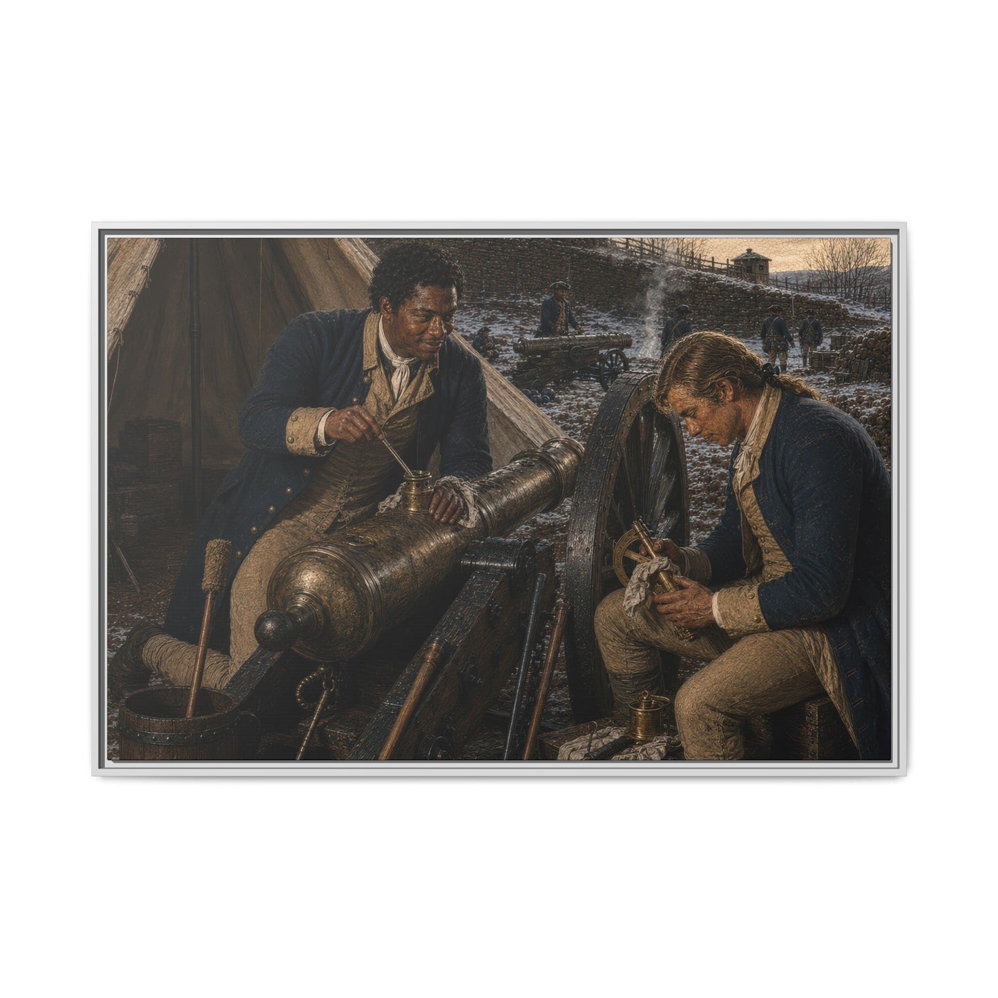Historical oil portrait of Continental Army artillerymen preserving a bronze field cannon in winter quarters, circa 1781–1783.