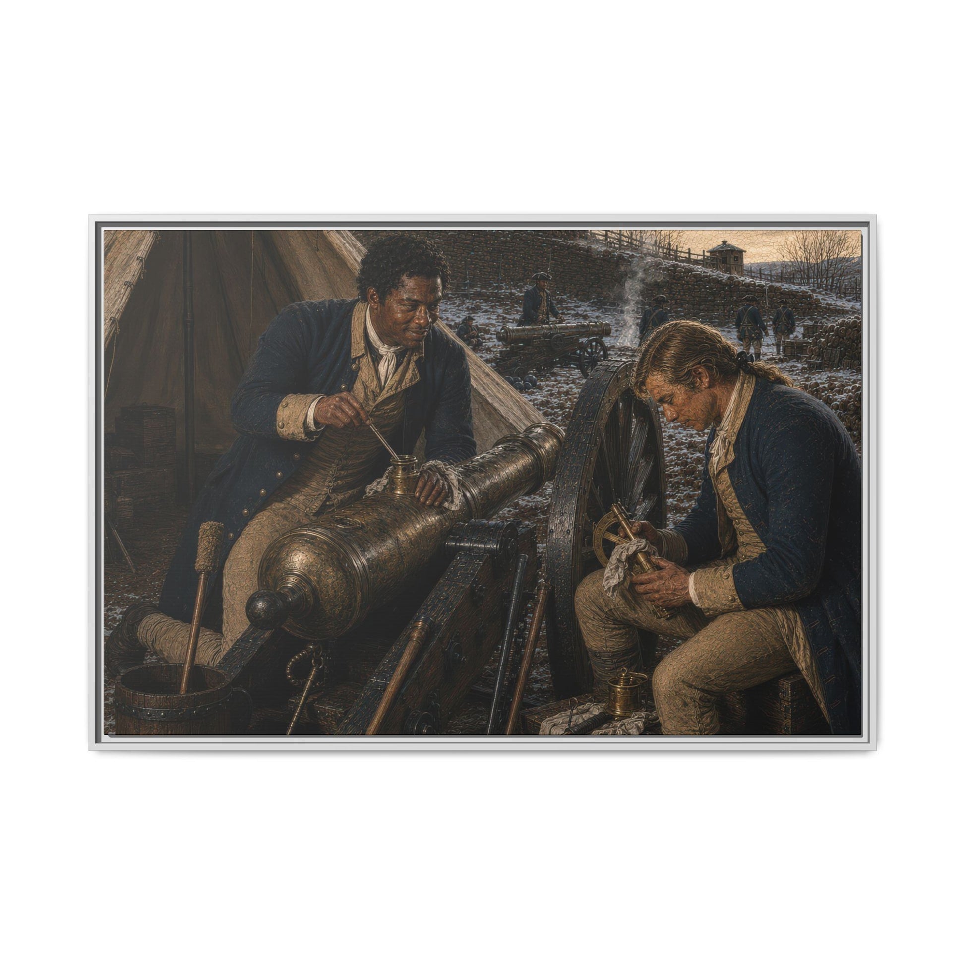 Historical oil portrait of Continental Army artillerymen preserving a bronze field cannon in winter quarters, circa 1781–1783.