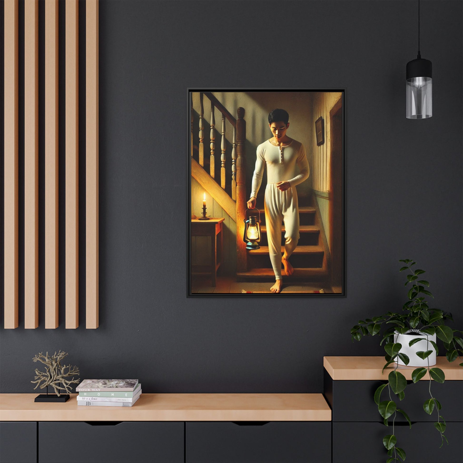 Framed artwork of an Asian-American man wearing long johns underwear holding a lantern on a staircase, inspired by Grant Wood’s style.