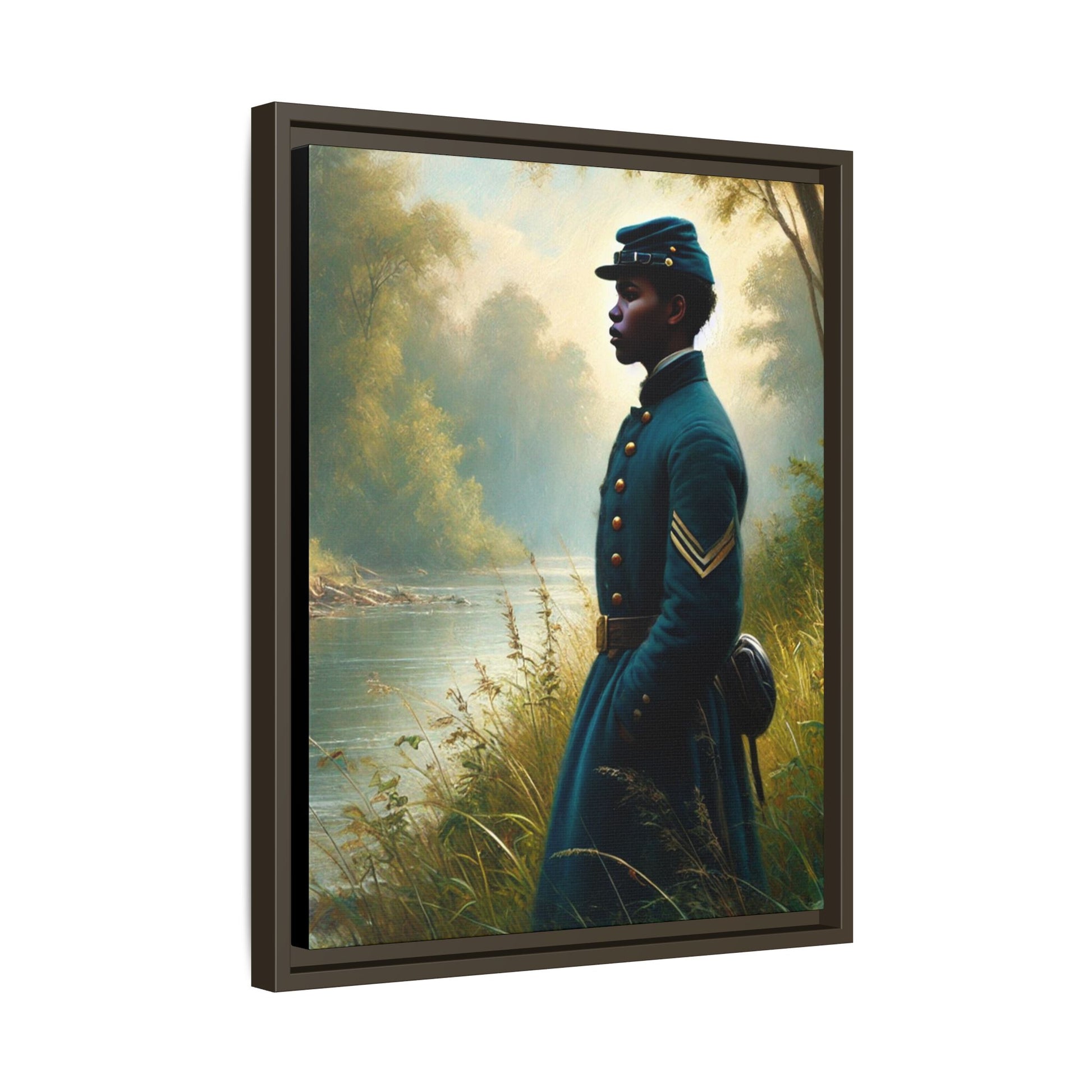 Portrait of an African American Union soldier standing solemnly by a riverside, inspired by Walt Whitman’s Leaves of Grass and Drum-Taps, honoring sacrifice, resilience, and history. Grant Wood Inspired