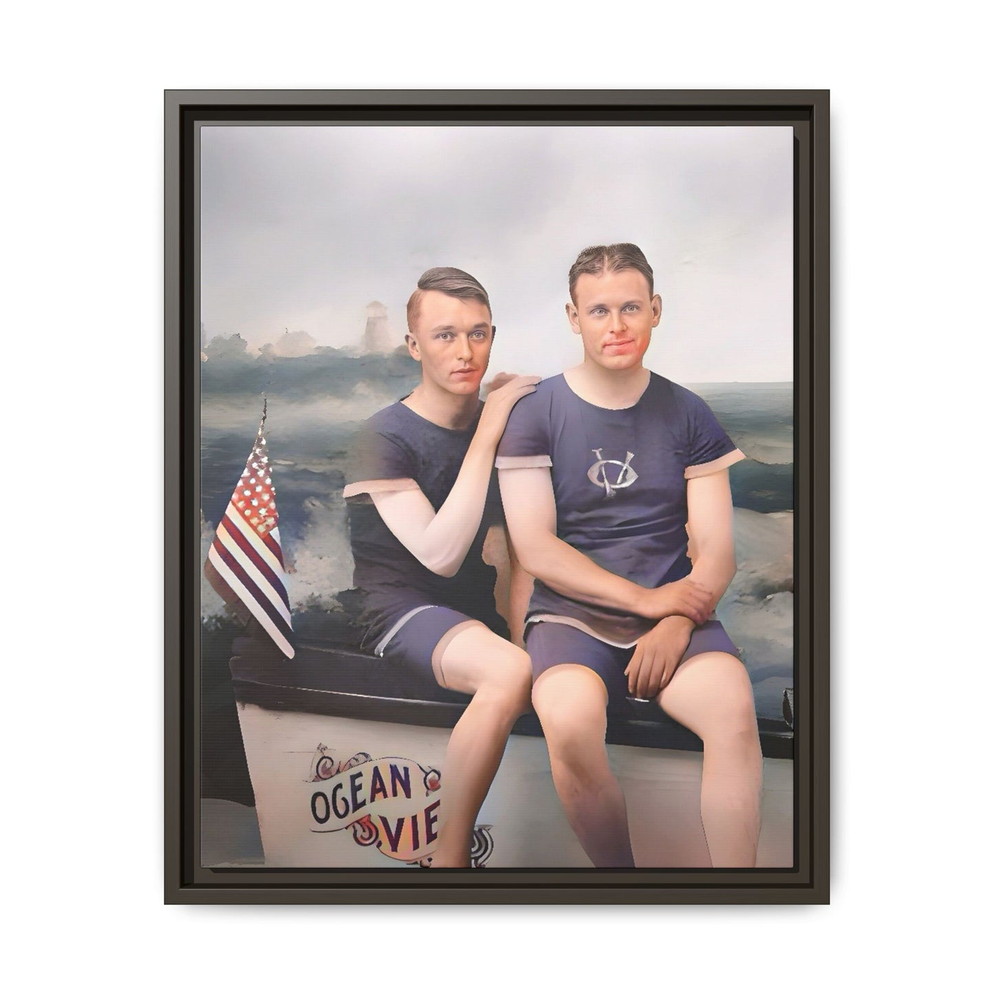 Restored vintage 1920s photo of Lee & Gerald, a gay couple in nautical swimwear by the ocean in Jacksonville FL, framed canvas art.