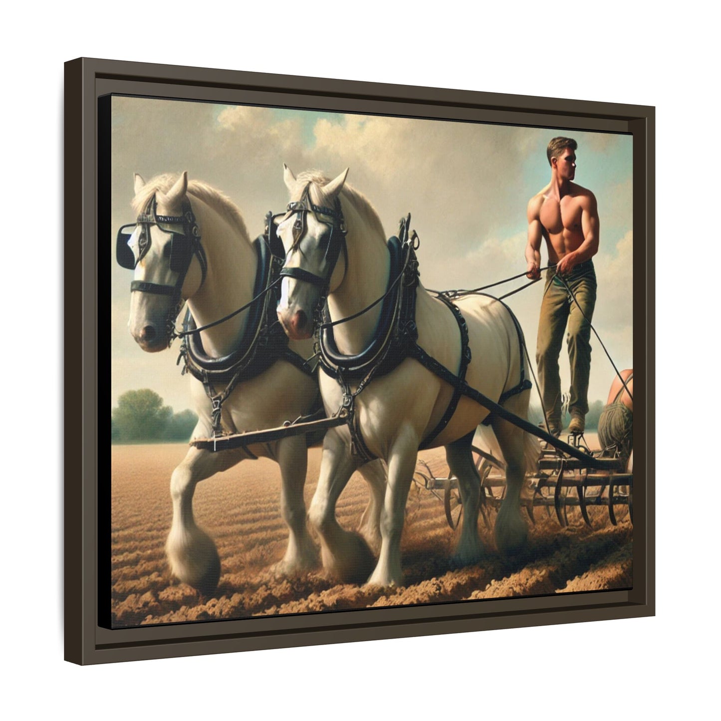 Vintage-style artwork of a shirtless man plowing a field with white horses, celebrating rural life and resilience.