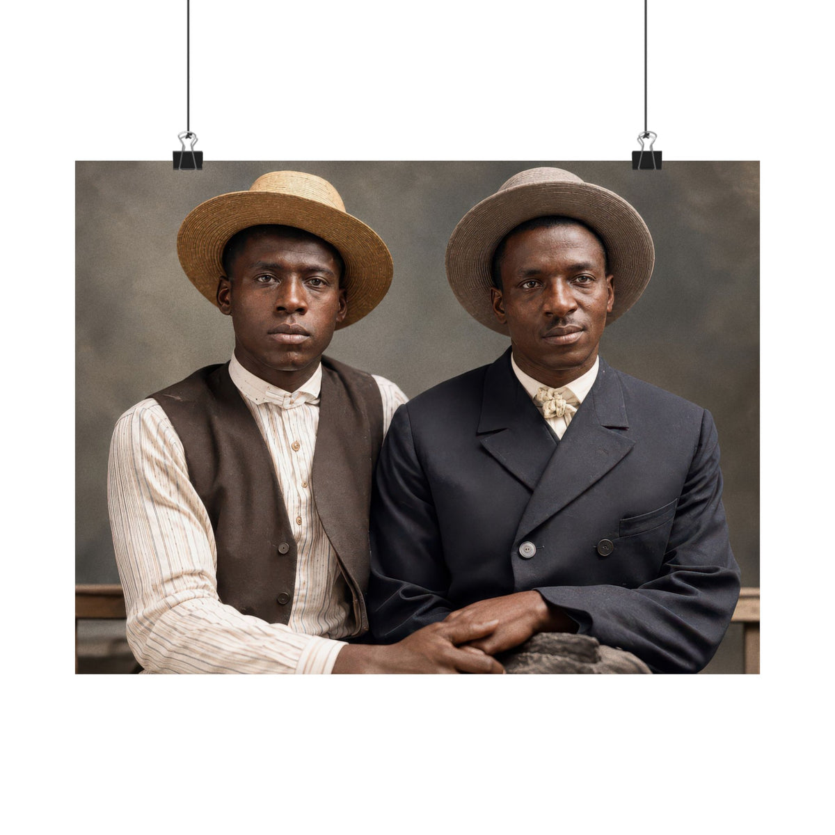 Restored historical photograph showing striped shirt fabric, straw hat brims, a double-breasted jacket, and the men’s overlapping hands.
