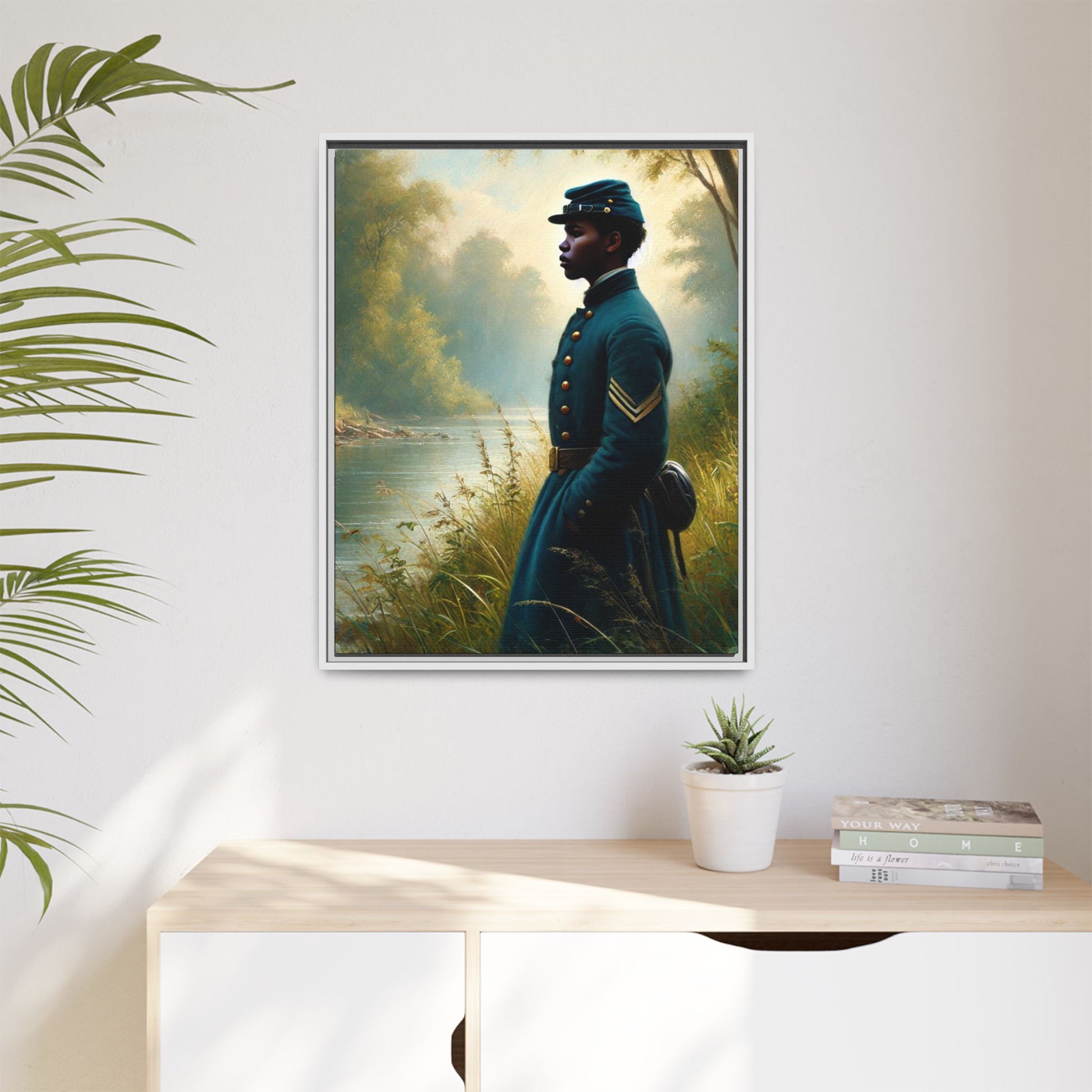 Portrait of an African American Union soldier standing solemnly by a riverside, inspired by Walt Whitman’s Leaves of Grass and Drum-Taps, honoring sacrifice, resilience, and history. Grant Wood Inspired