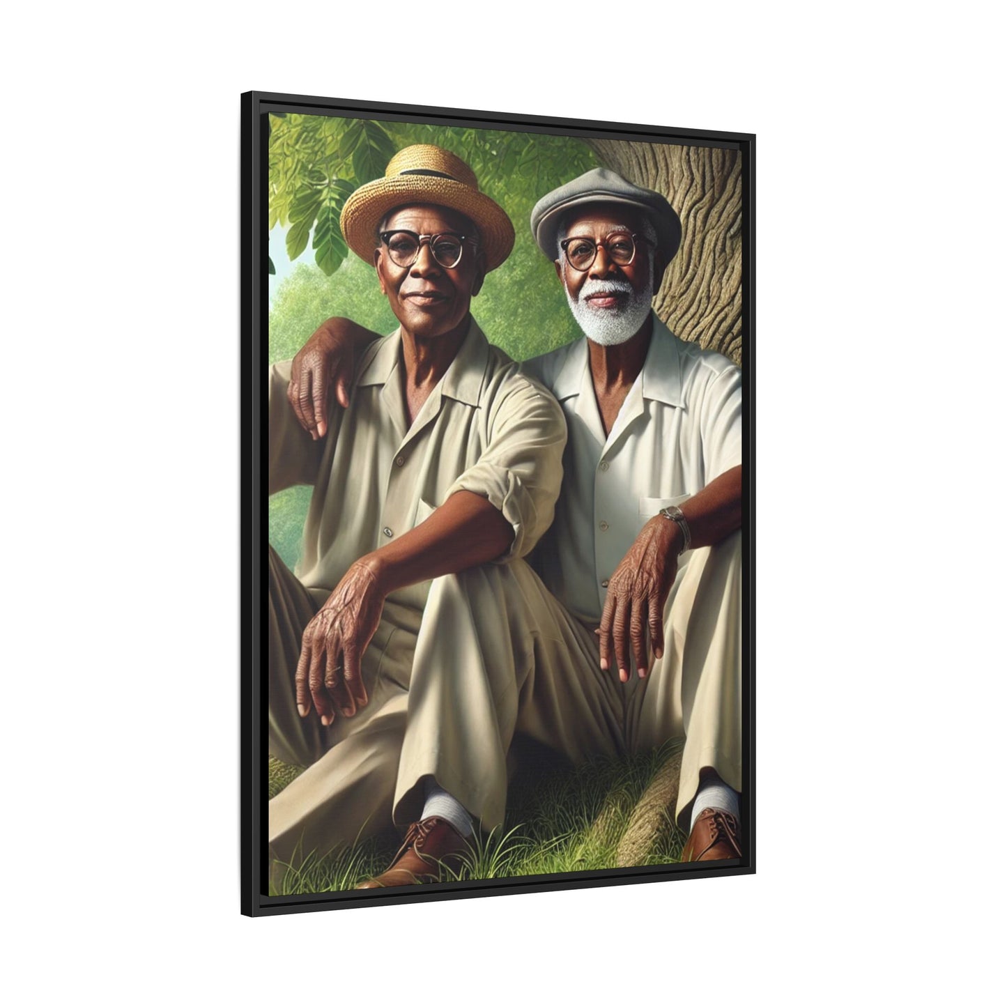 Framed artwork of a gay African-American couple in Cedar Rapids, Iowa, 1930s, celebrating love and resilience.