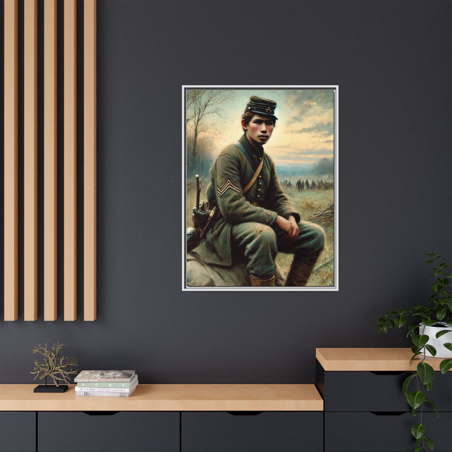 Framed artwork of a Civil War Union soldier inspired by Walt Whitman’s Leaves of Grass and Drum-Taps, depicting themes of sacrifice, strength, and vulnerability amidst a 19th-century battlefield.