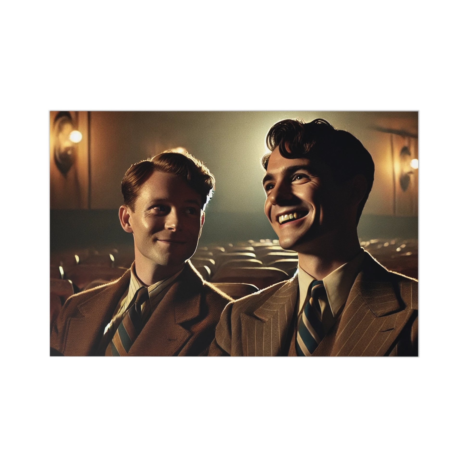 Vintage 1930s-inspired postcard set featuring two men on a movie date, celebrating LGBTQ+ love and Americana.