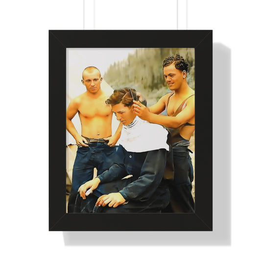 hommes 008 | Framed Poster Vintage Barber Photo Stylist Gift Shop Army Camp Gay Queer Men Haircut