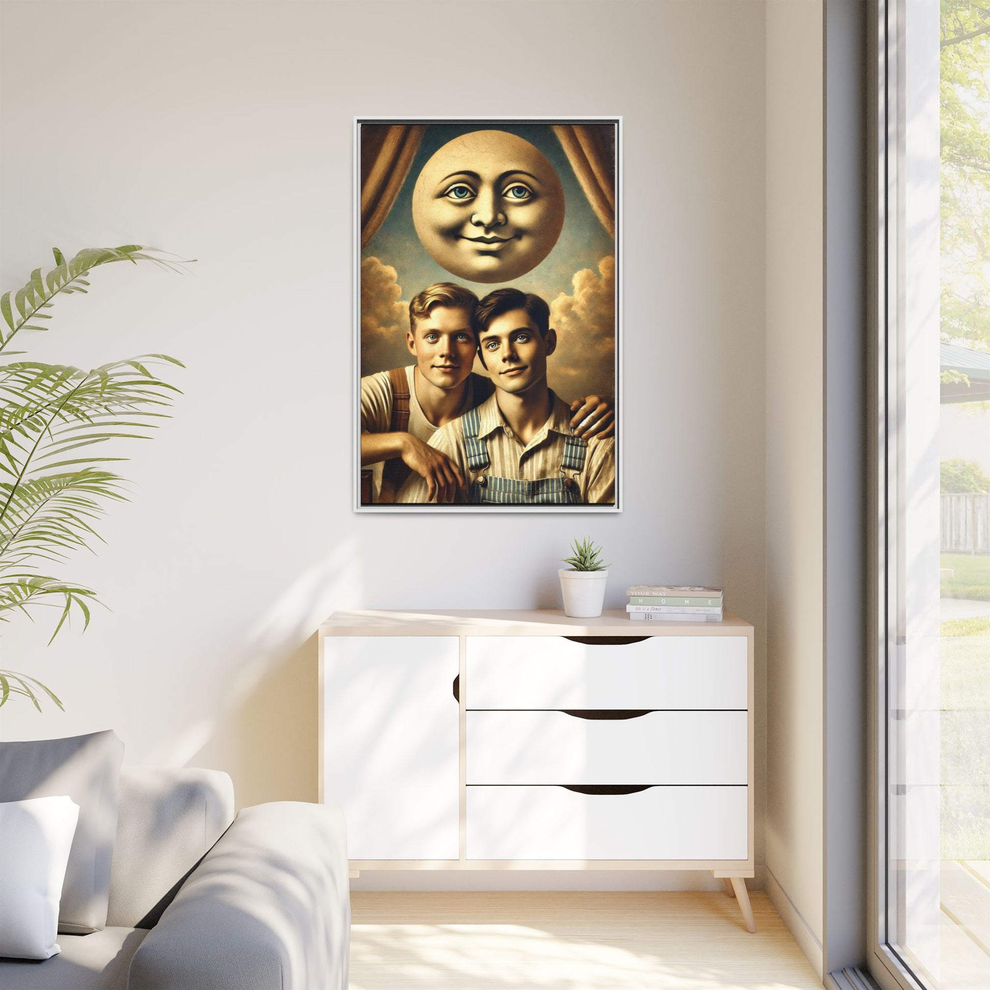 Framed matte canvas portrait featuring two young men in vintage overalls with a crescent moon prop above them. This artwork from the Missing Art Studies series reclaims LGBTQ+ imagery that may have been lost to bias, presenting warmth, intimacy, and presence.
