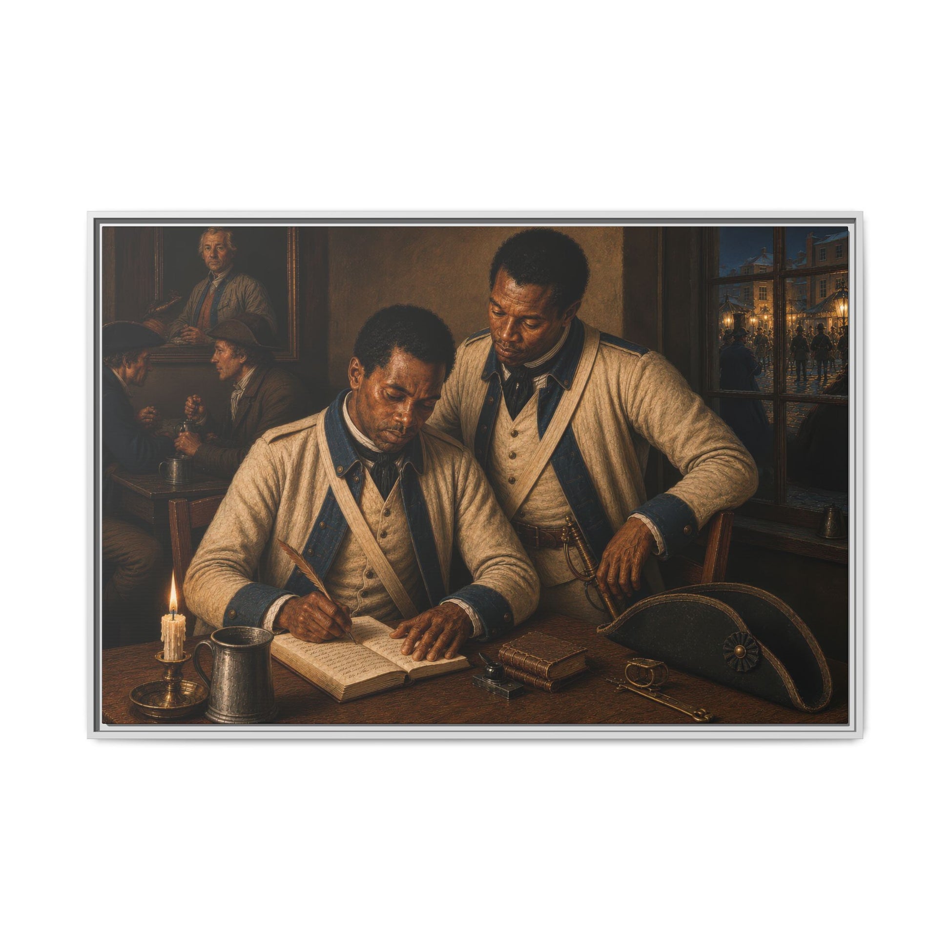 Framed matte canvas featuring Black French Revolutionary War allies in a candlelit eighteenth-century interior with period artifacts. 