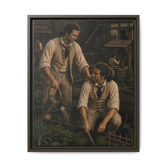 Historical oil-style canvas depicting Continental Army soldiers cultivating vegetables within a fortified Revolutionary War interior courtyard.