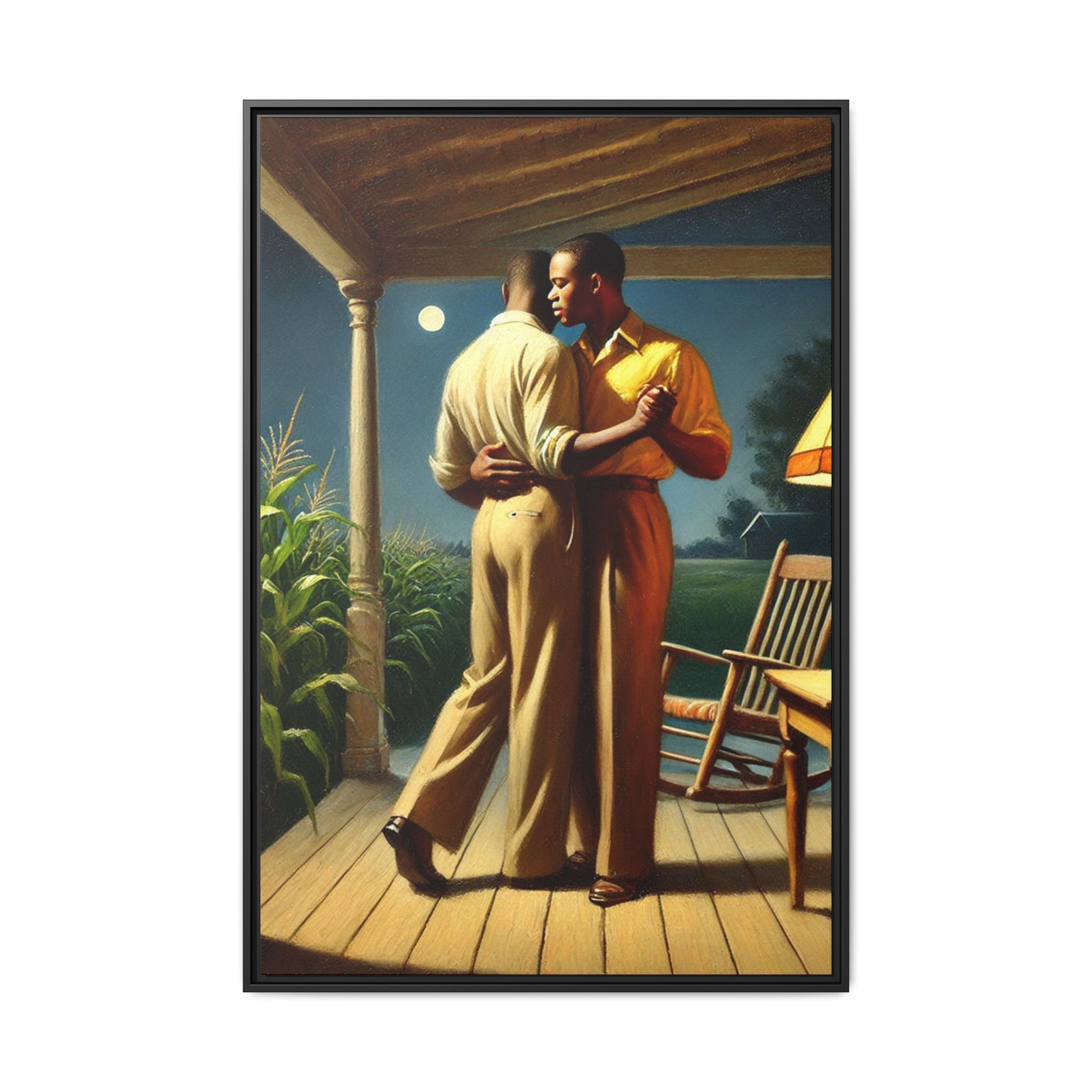 Artwork of an African-American gay couple dancing on a porch under the moonlight, inspired by Grant Wood’s style.