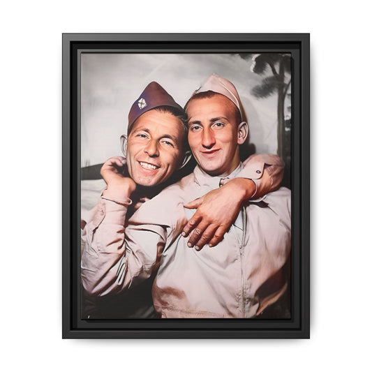 A framed vintage military photo on matte canvas featuring a loving couple at Fort Jackson, South Carolina, honoring LGBTQ+ history and resilience.