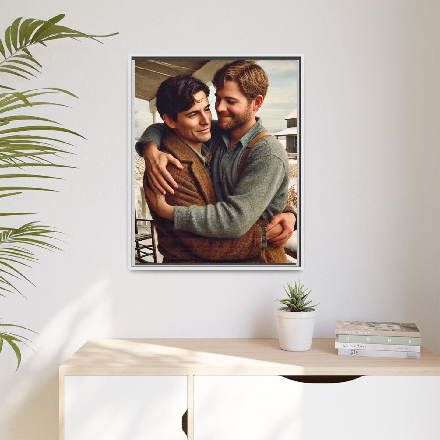 Artwork of a tender moment between two men embracing on a rustic farm porch in 1930s-style clothing. Set against a snowy, vintage rural backdrop, this image captures LGBTQ+ love and connection with a nostalgic Americana feel