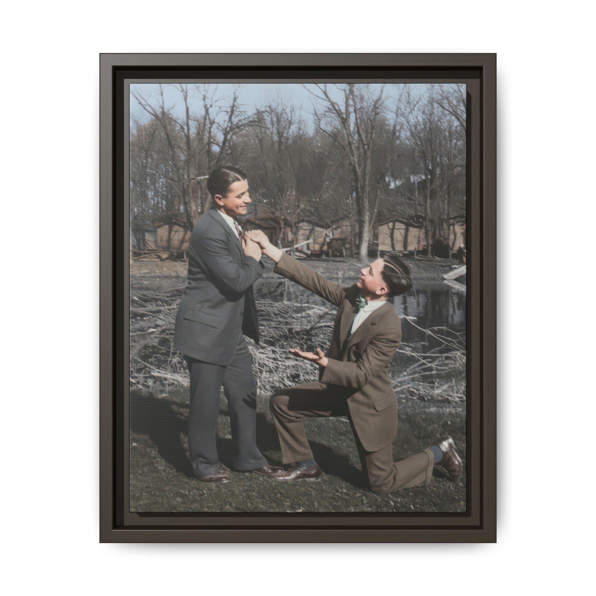 Early 20th century historical photograph with dramatic staged pose near water