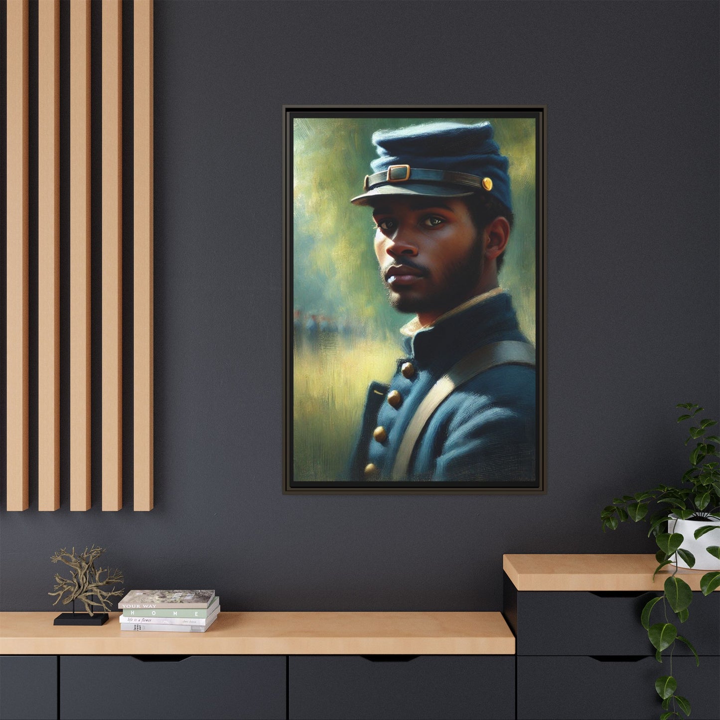 Portrait of an African American Civil War Union soldier in a kepi and navy wool coat, inspired by Walt Whitman’s Drum-Taps, honoring bravery, sacrifice, and resilience.