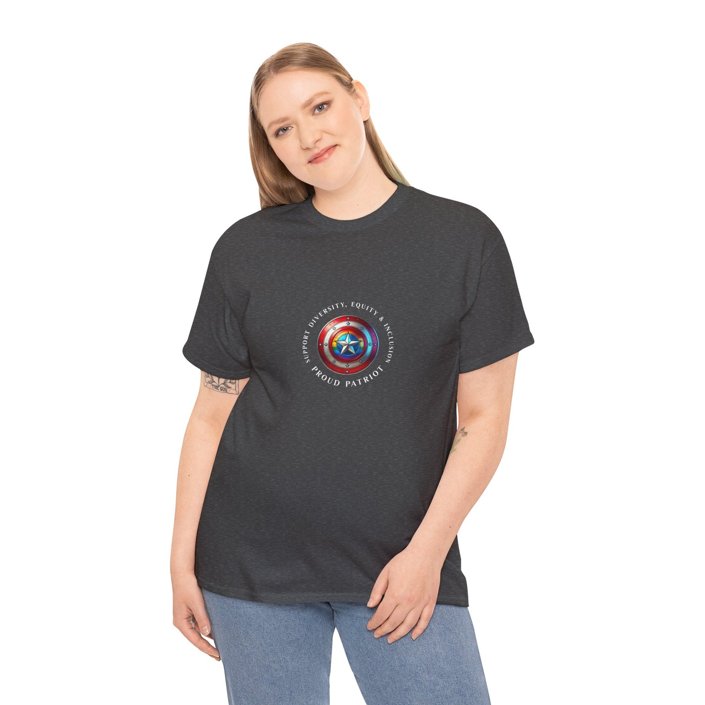 Vibrant DEI shield design on a unisex t-shirt celebrating diversity, equity, inclusion, and patriotism with a rainbow and star emblem.