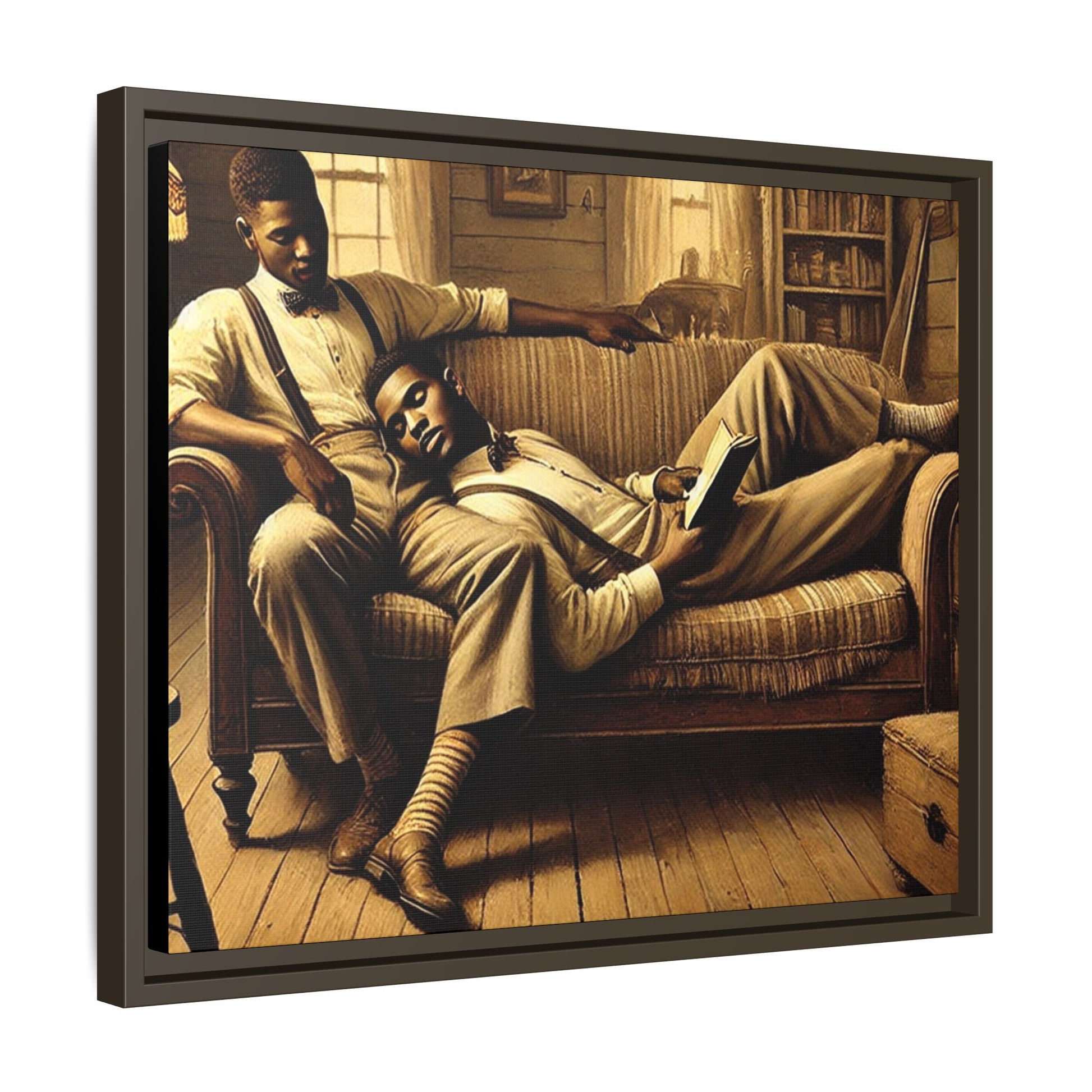 Framed artwork of an African-American gay couple sharing an intimate moment on a rustic sofa, inspired by Grant Wood’s style