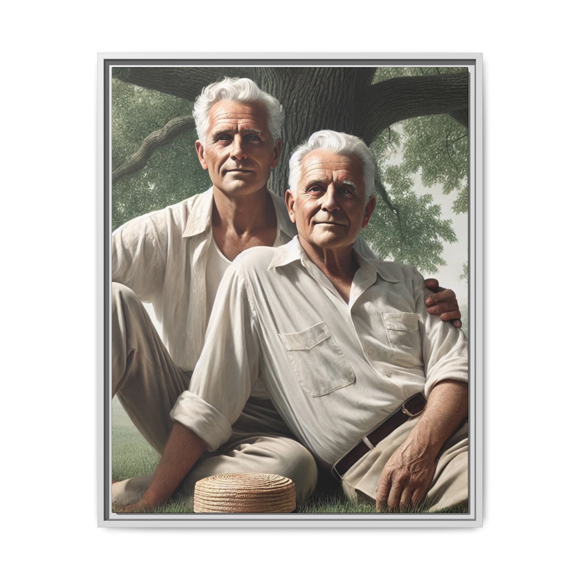 Hyper-realistic painting of an elderly gay couple in 1930s vintage attire under a leafy tree, celebrating love and resilience.