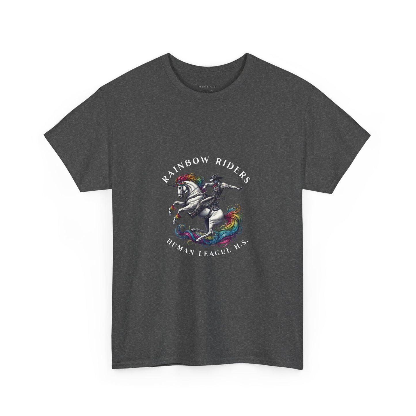 Human League High School Rainbow Riders Pride T-Shirt featuring a vibrant mascot of a unicorn with a rainbow mane and tail, symbolizing diversity, inclusion, and equality