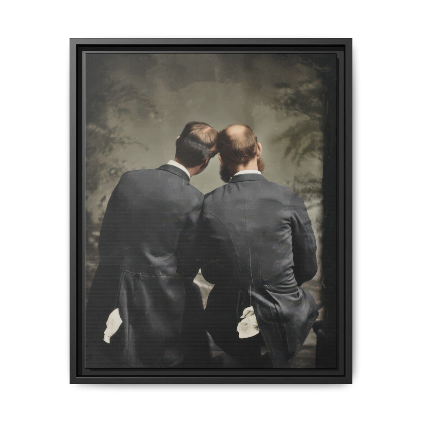 Late 19th century style portrait with two figures in dark coats and soft backdrop