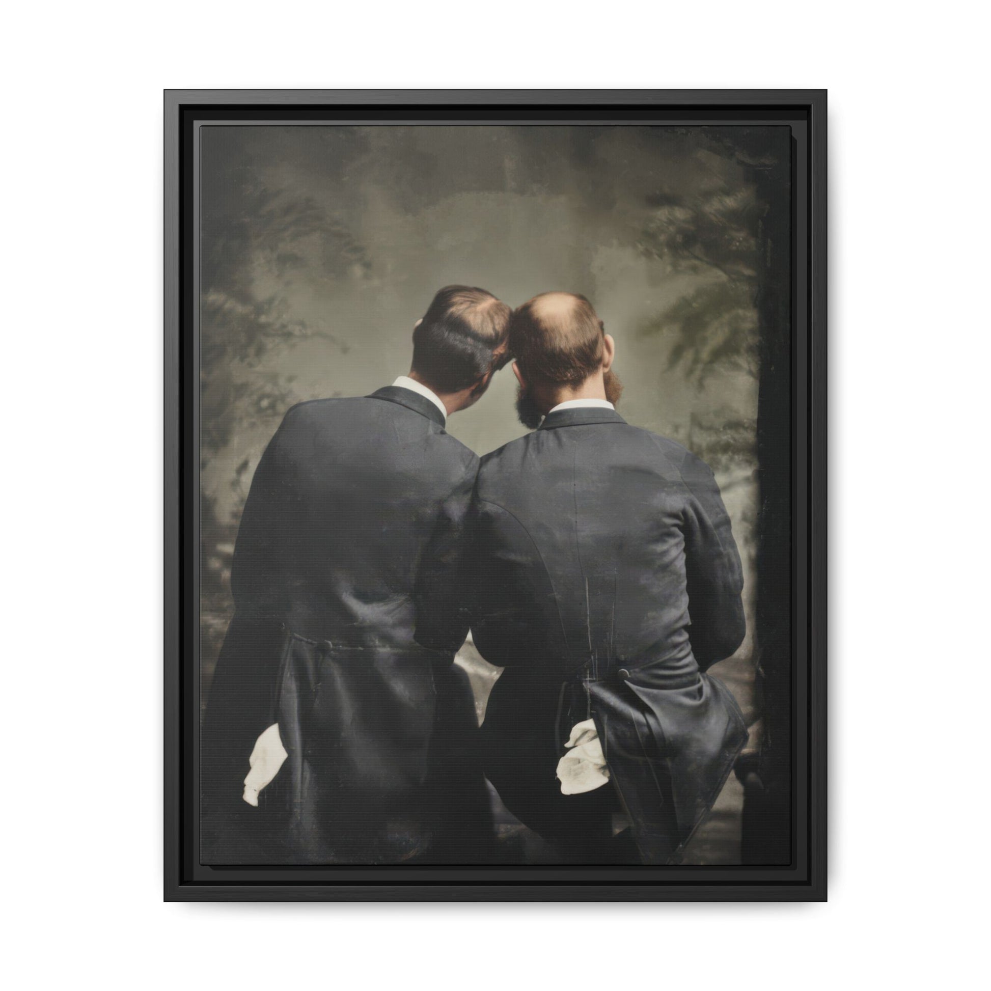 Late 19th century style portrait with two figures in dark coats and soft backdrop