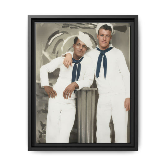 Two sailors in white uniforms posed together in a vintage studio double portrait