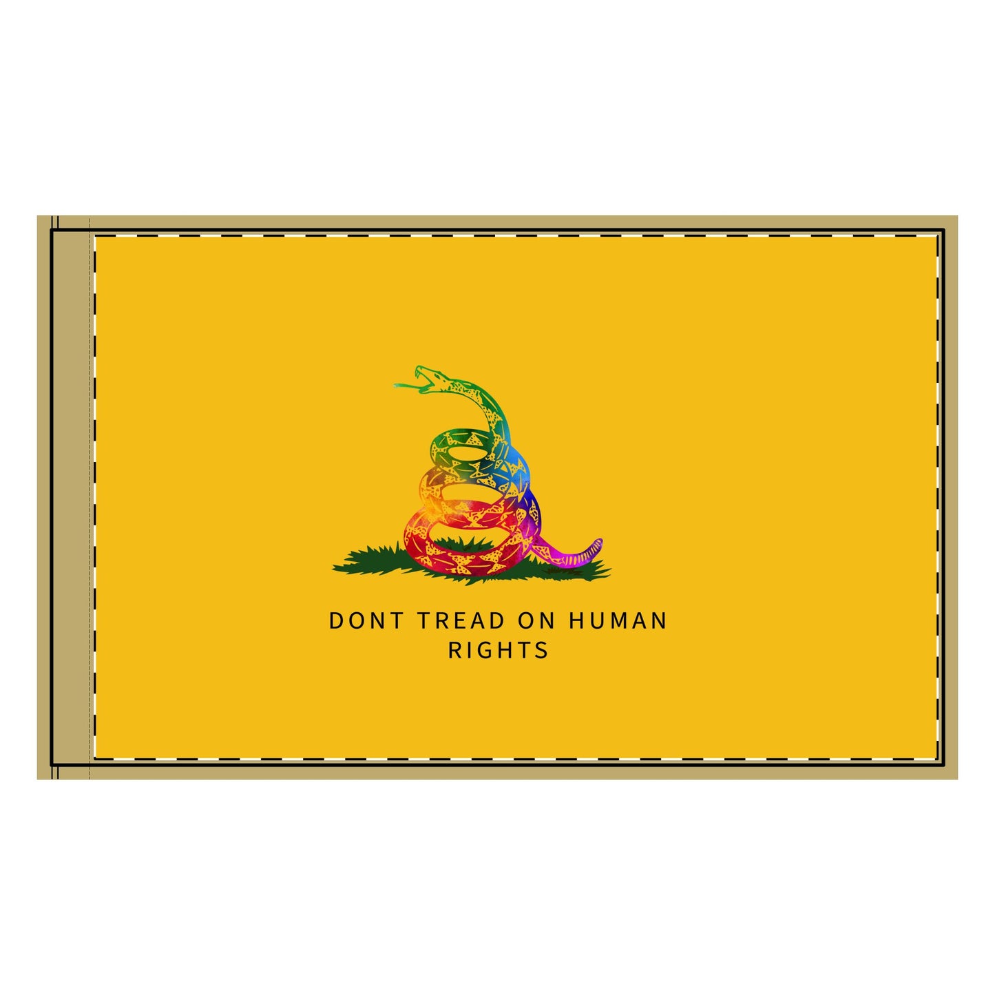 A vibrant reinterpretation of the Gadsden Flag featuring a coiled rainbow rattlesnake on a golden yellow background with the text "Don’t Tread on Human Rights," symbolizing inclusivity, equality, and justice. Don’t Tread on me. Gay Pride Flag