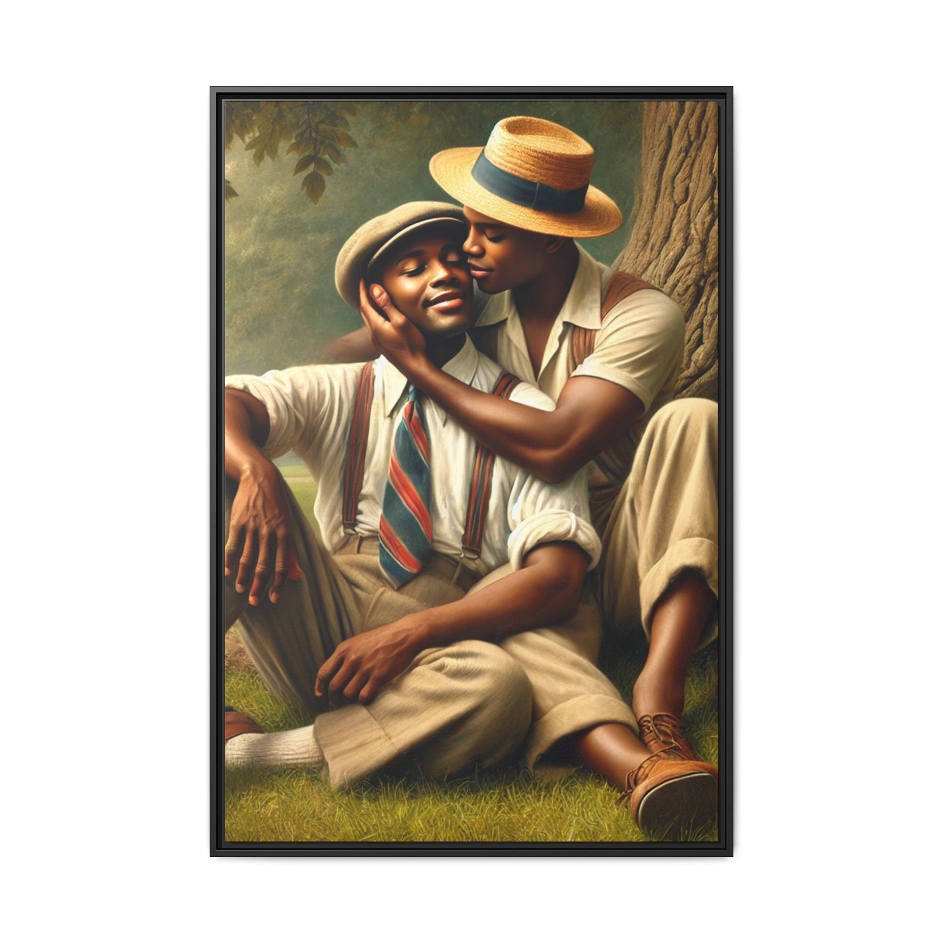 Hyper-realistic artwork of an African-American gay couple in 1930s vintage attire under a leafy tree, celebrating love and resilience.