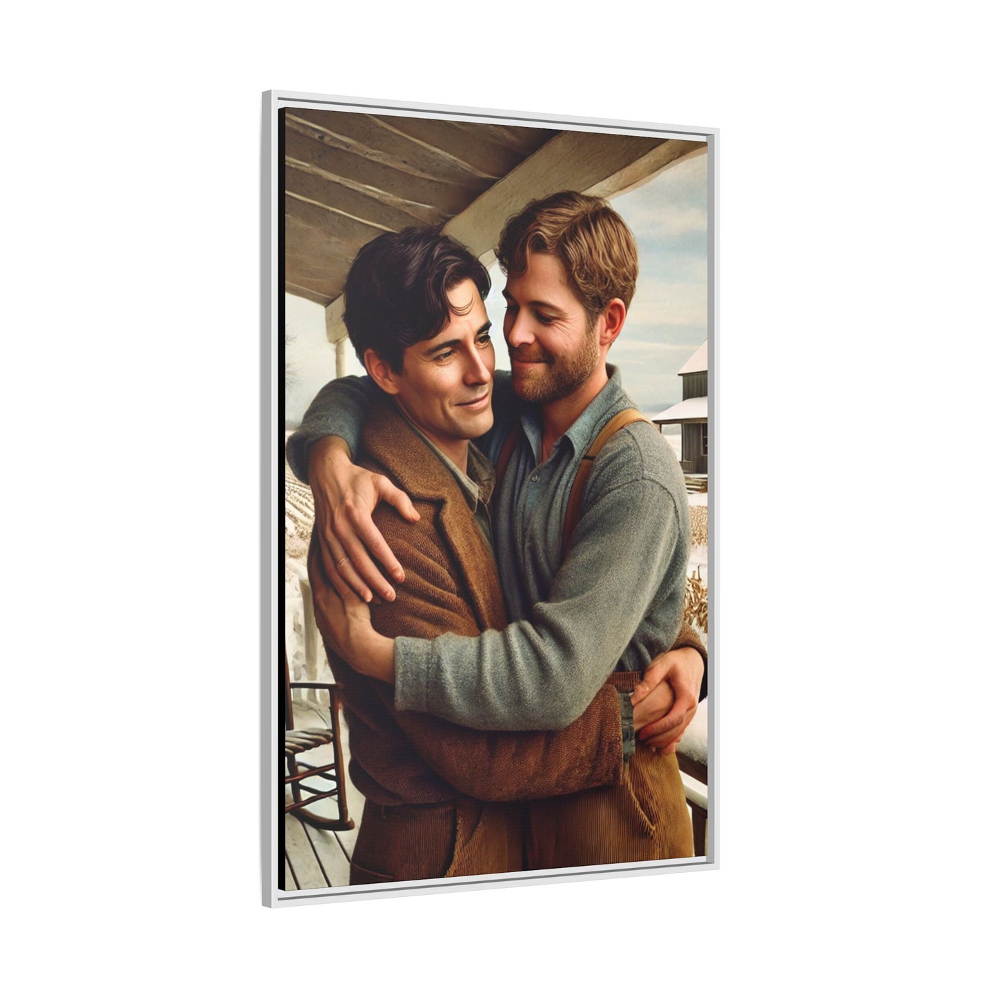 Artwork of a tender moment between two men embracing on a rustic farm porch in 1930s-style clothing. Set against a snowy, vintage rural backdrop, this image captures LGBTQ+ love and connection with a nostalgic Americana feel